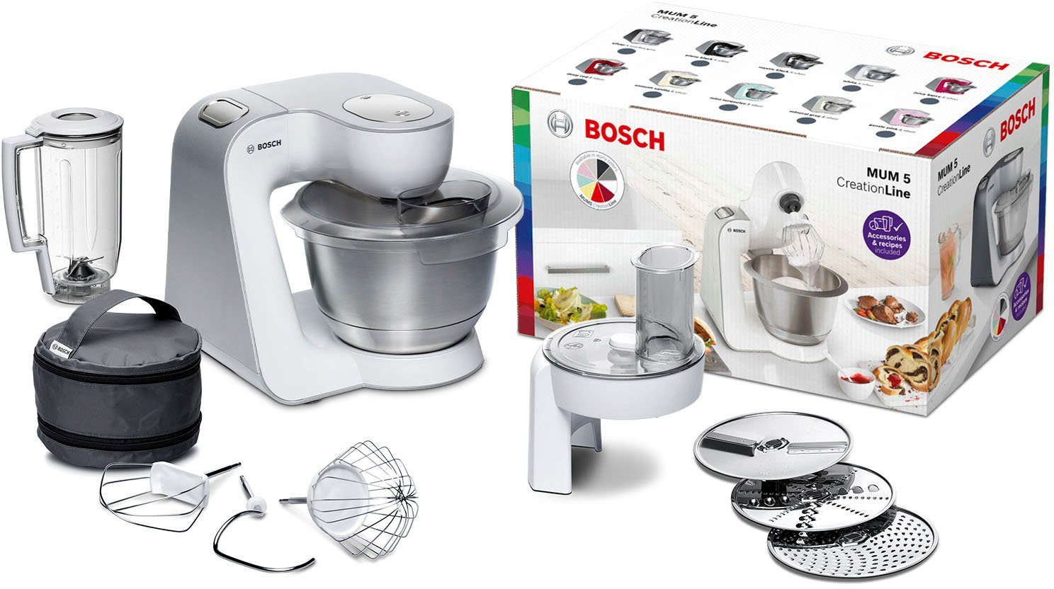 BOSCH Küchenmaschine Serie 4 MUM58W20, Mixer, Durchlaufschnitzler, 3 Scheiben, weiß, 1000 W, 3 Scheiben, Schüssel, Knethaken/Rühr-/Silikonbesen, spülmaschinenfest