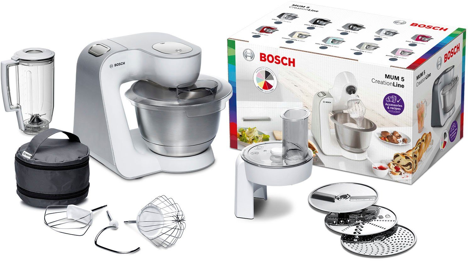 BOSCH Küchenmaschine Serie 4 MUM58W20, Mixer, Durchlaufschnitzler, 3 Scheiben, weiß, 1000 W, 3,9 l Schüssel, Edelstahl-Schüssel, Knethaken/Schlag-/Rührbesen, spülmaschinenfest