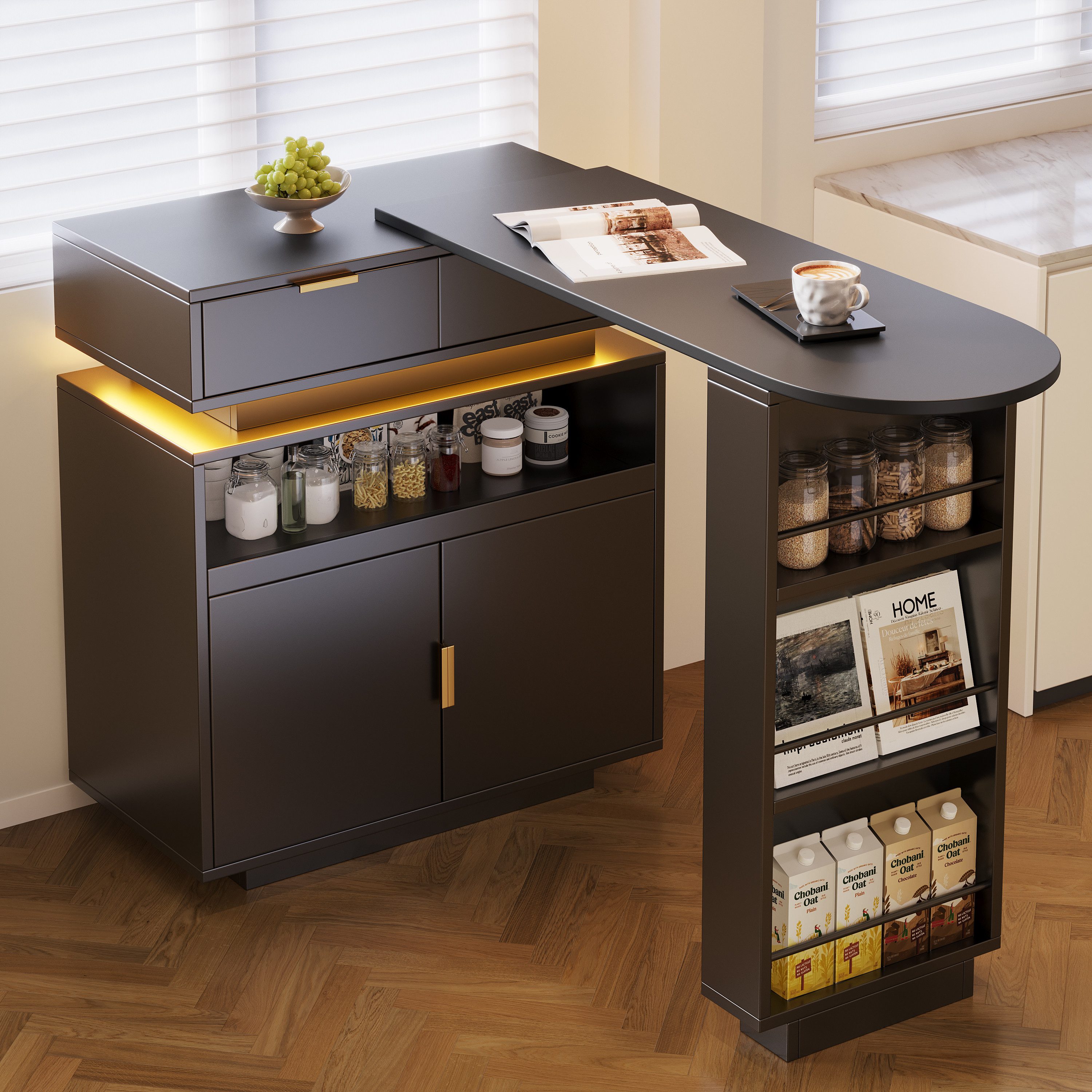 Merax Bartisch 360° drehbar Stehtisch mit LED-Beleuchtung (mobile Kaffeebar, geeignet für Küche/Esszimmer/Wohnzimmer, 1-St., 115–183 × 40 × 99,5 cm), ausziehbar Kücheninsel mit 2 Schubladen, 2 Türen, Regalen und Stauraum