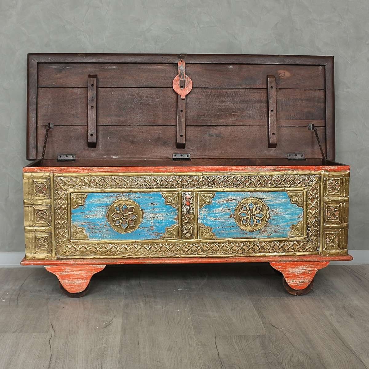 Handarbeit Ursprungsland Truhe Galerie Orange im in Indische cm, traditionelle Oriental Herstellung Rolltruhe 117