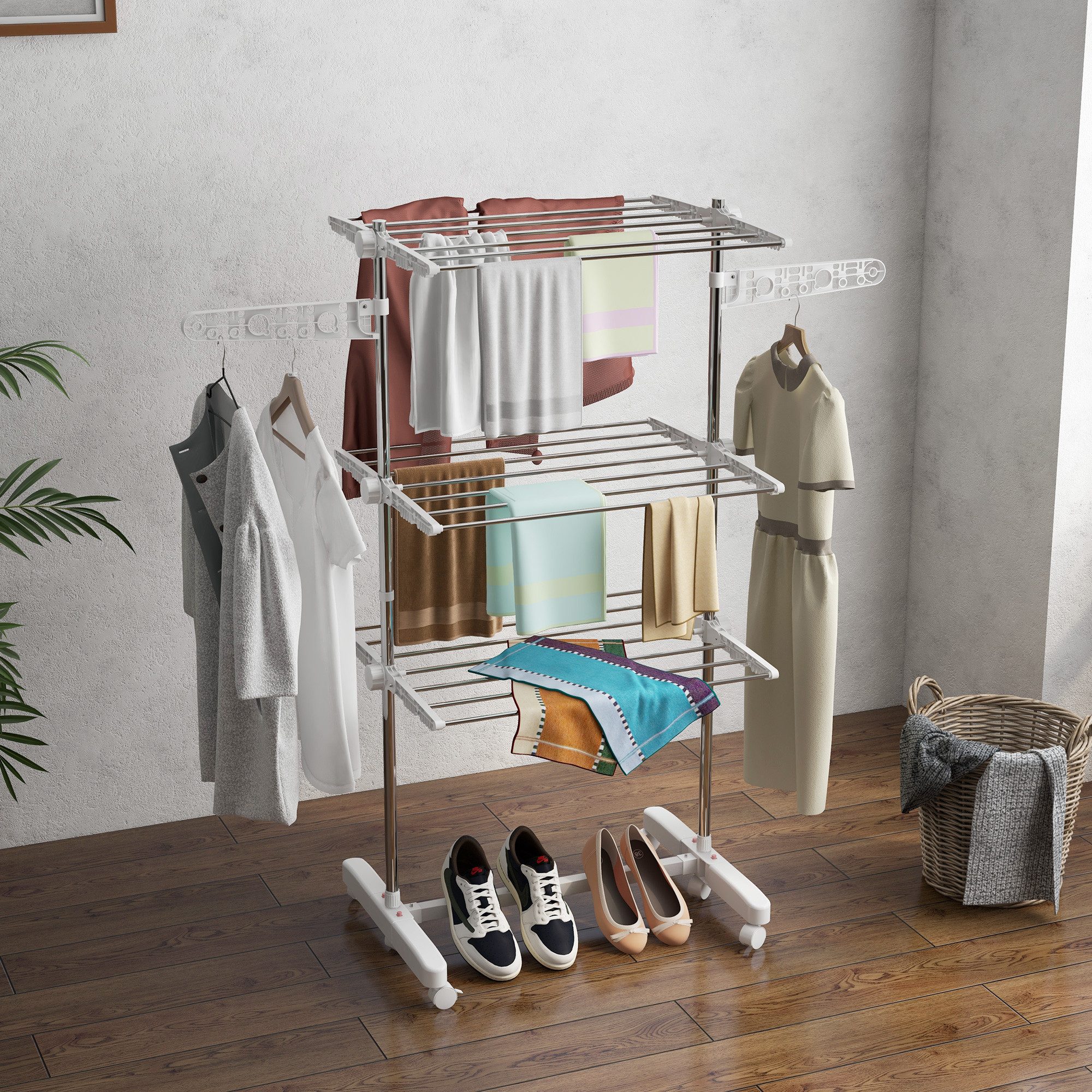 HOMCOM Wäscheständer Standtrockner mit Klappbarem Flügel, für Indoor, Outdoor, Stahl Weiß 80,142 x 55 x 152 cm