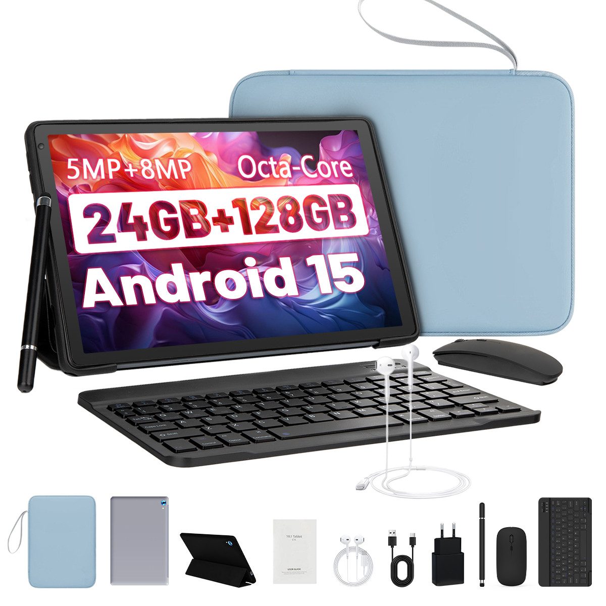 Happybe 10,1 Zoll Android 15, 4GB RAM 128GB mit Tastatur Maus Stylus Hülle Set Tablet (10", 128 GB, Android, WiFi 6, 1280×800 HD, mit Tastatur/Stift/Maus/Tasche/Hülle/Kopfhörer)