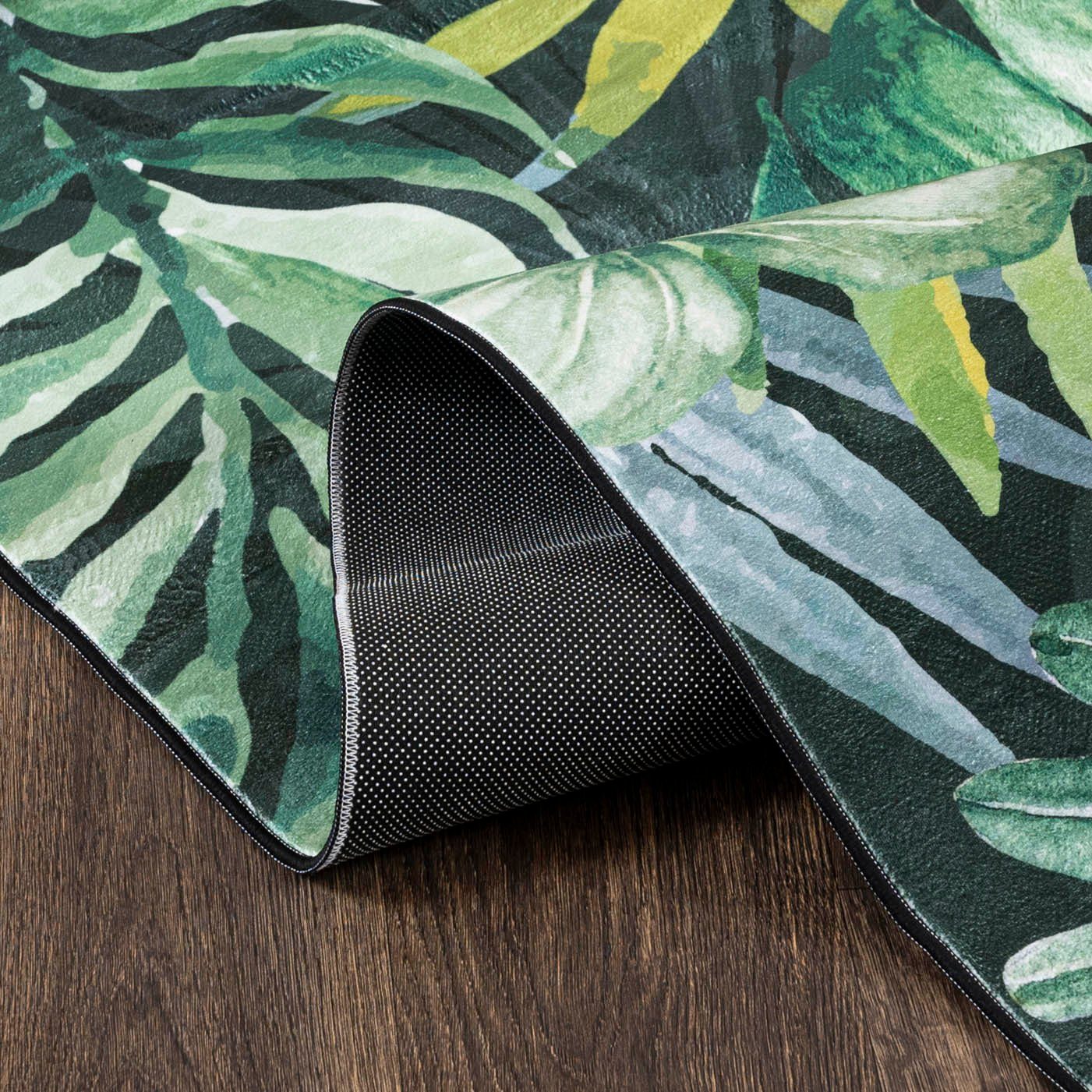 Mazovia Designteppich Modern Teppich Wohnzimmerteppich Monstera Blattmuster Grün, 80 x 150 cm, Fußbodenheizung, Allergiker geeignet, Rutschfest