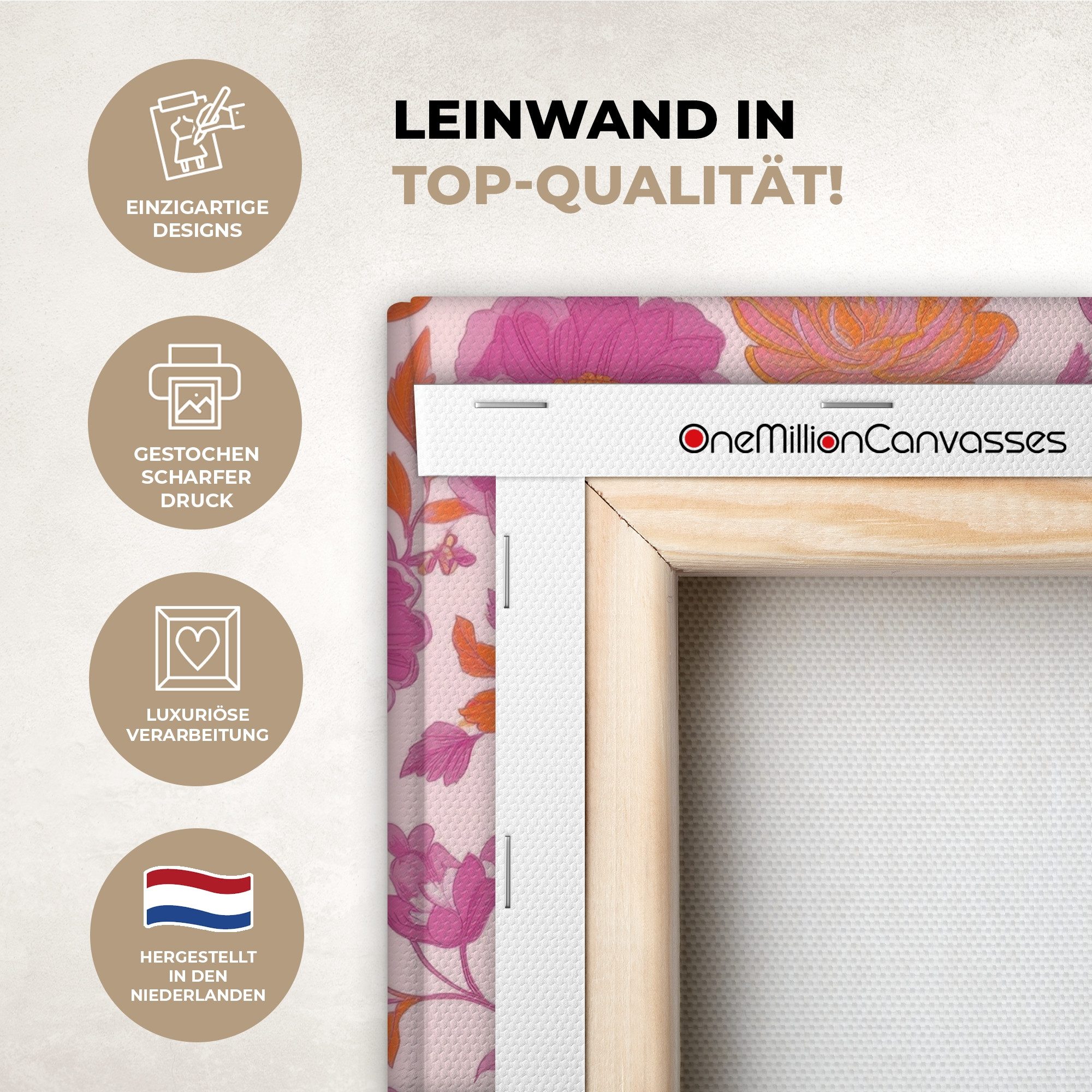 OneMillionCanvasses® Leinwandbild Florales Muster - Rosa - Orange - Blumen, Fotodruck (1 St), Leinwand Canvas Wandbild, Wanddekoration 20x30 cm