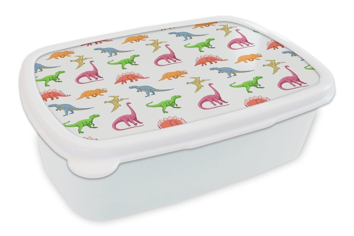 MuchoWow Lunchbox Muster - Dino - Kinder - Farben - Kinder - Junge, Kunststoff, (2-tlg), Brotbox für Kinder und Erwachsene, Brotdose, für Jungs und Mädchen weiß
