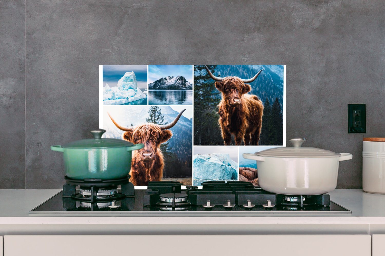 MuchoWow Küchenrückwand Collage, Schottischer Herdblende aus Wandschutz, Temperaturbeständig (1-tlg), cm, küchen 60x40 Highlander - Berg 