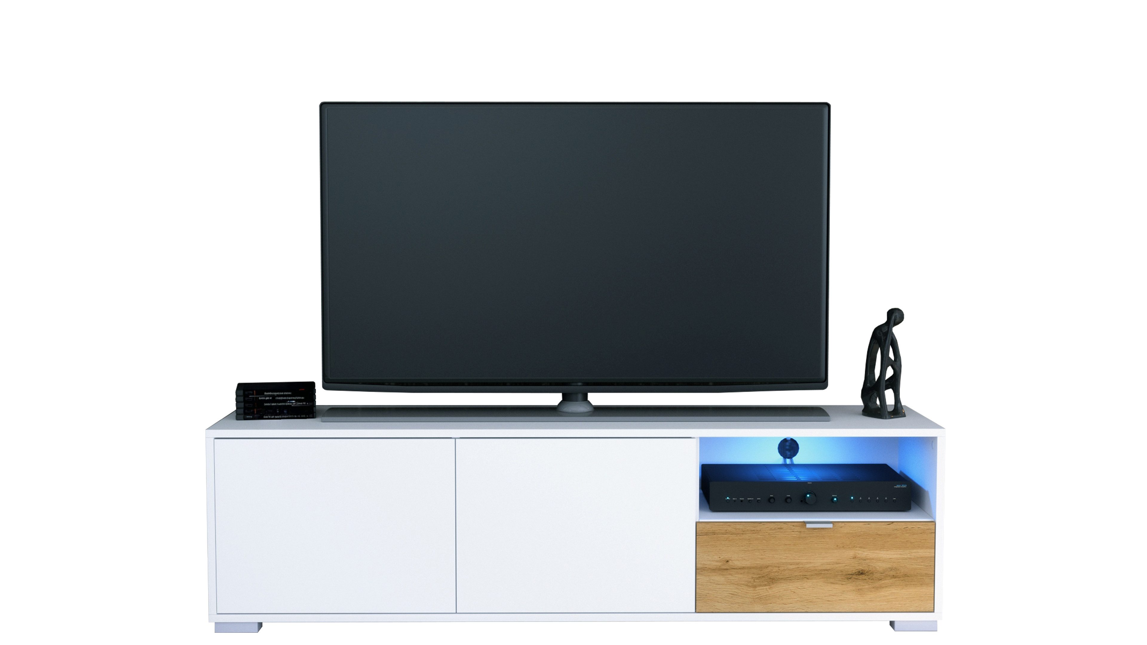 Vladon Lowboard Milano (Lowboard mit 2 Türen Weiß matt, und 1 Schublade Eiche Evoke, inkl. LED, Made in Germany), Korpus Weiß matt (152,5 x 43 x 37 cm)