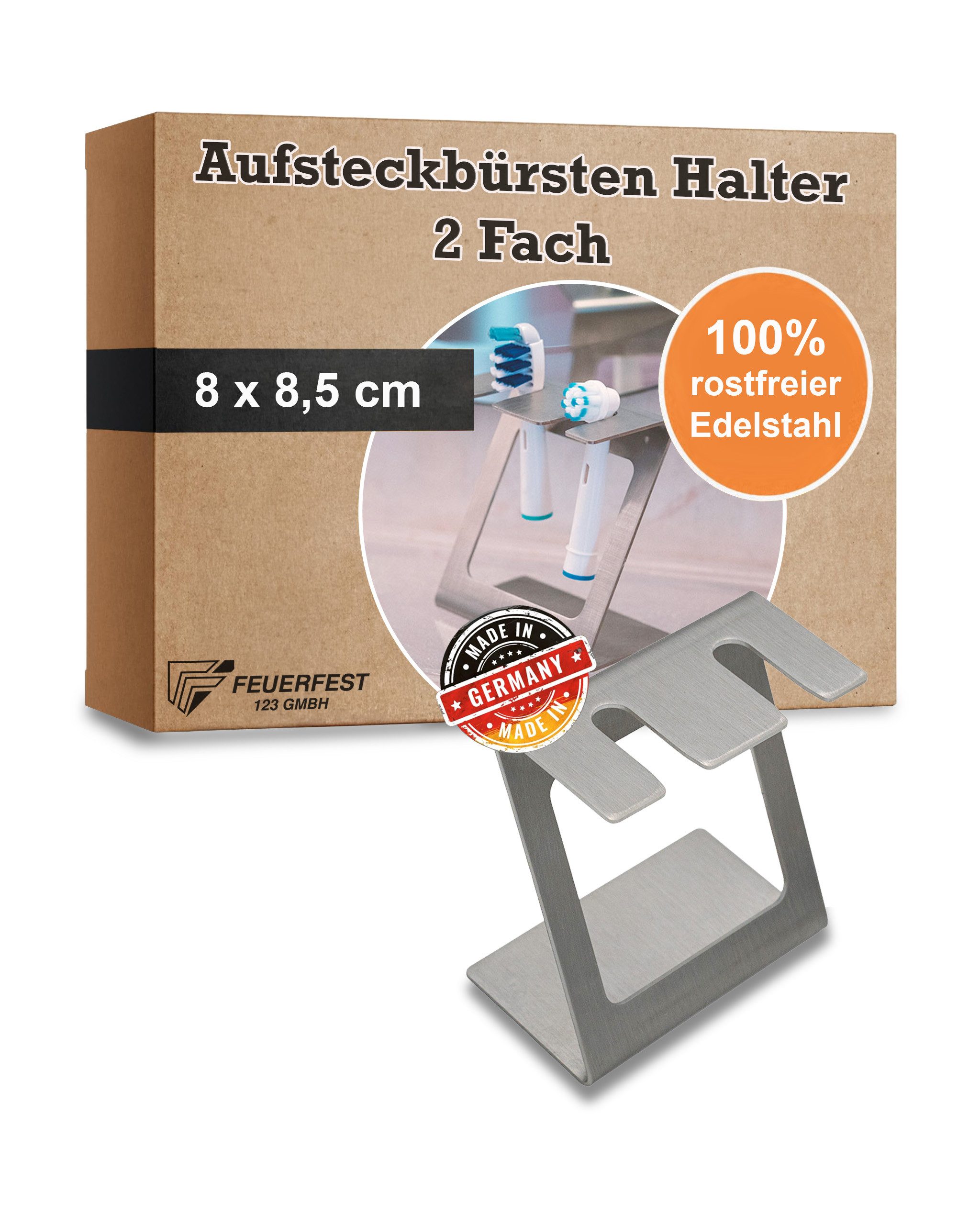 Feuerfest 123 GmbH Aufsteckbürsten Halter aus Edelstahl für Aufsteckbürsten 2Fach, passend für Zahnbürstenköpfe von Oral B, iO, Philips Sonicare etc.