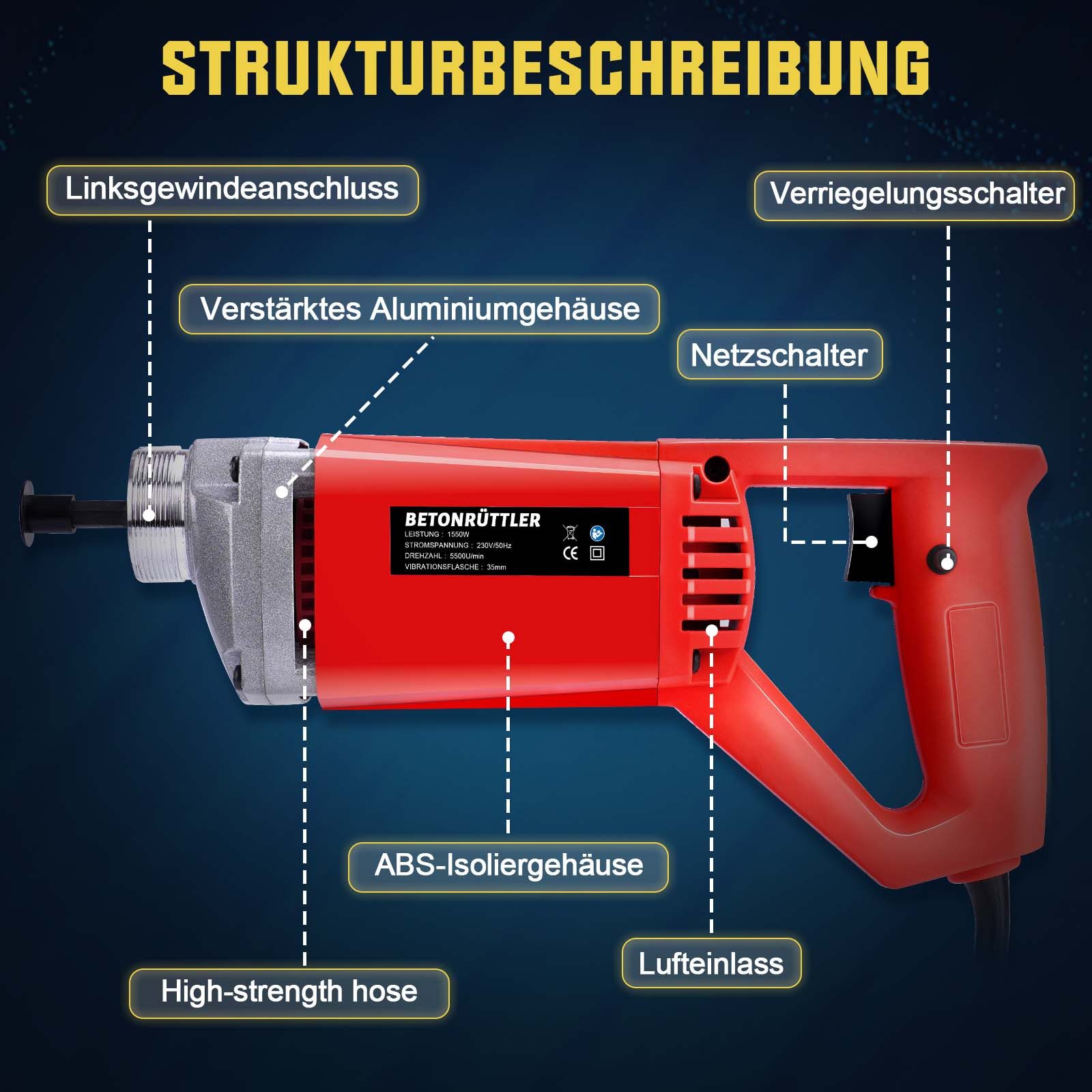XERSEK Betonmischer 1550W Betonrüttler Innenrüttler 5500RPM Elektrisch Beton Rüttelflasche, mit 1.5m Betonverdichter, 35 mm Vibrationsflasche