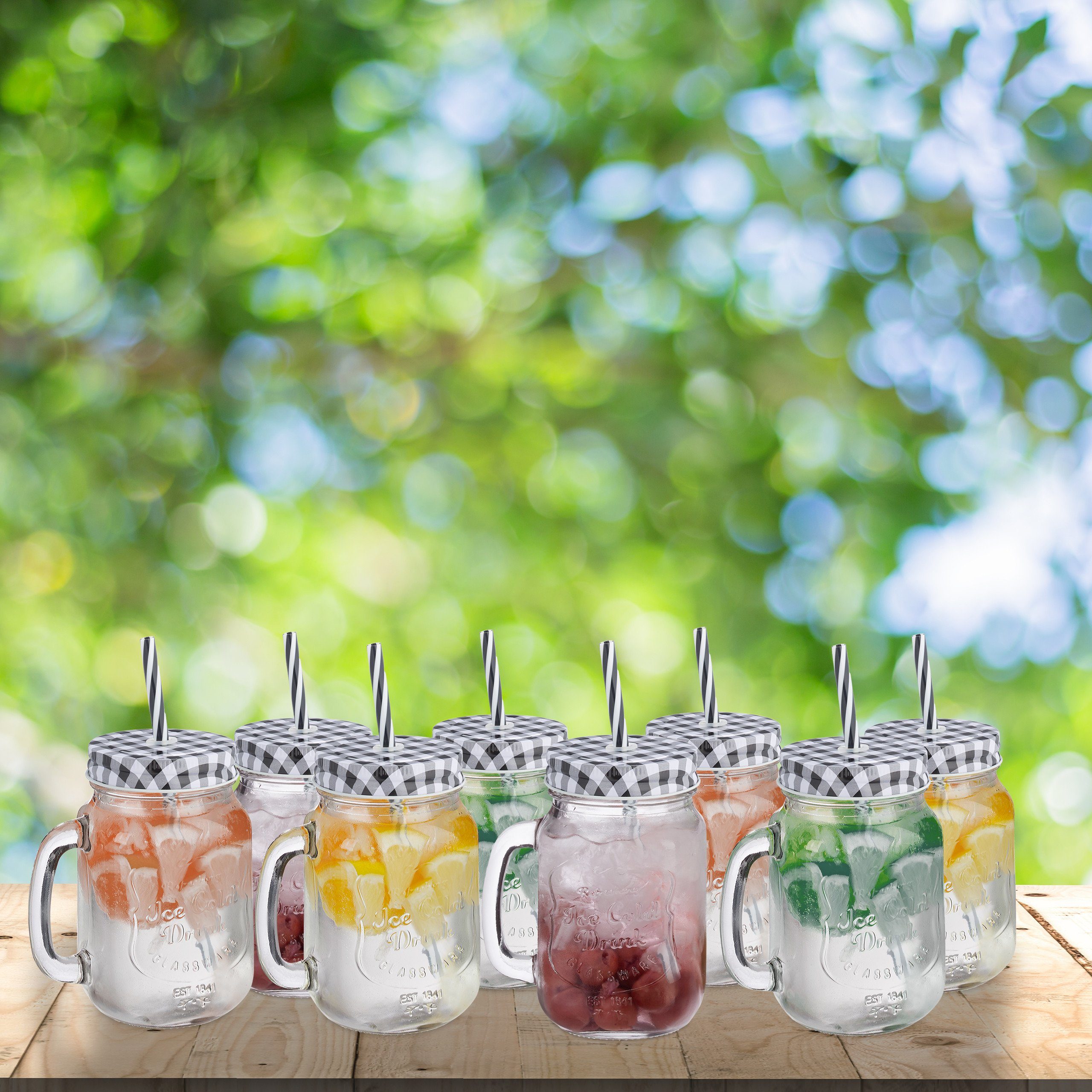 relaxdays Gläser-Set 8er Set Trinkgläser mit Deckel kariert, Glas