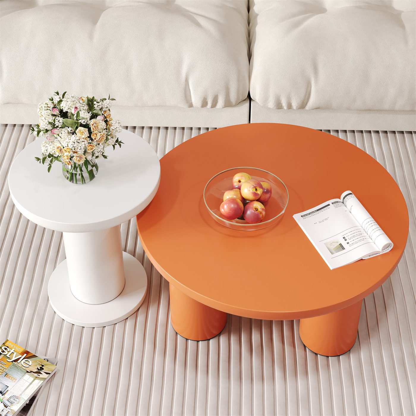 autolock Couchtisch Rundes Couchtisch-Set,lackierte MDF-Platte und PVC-Beine,Sofatisch, Couchtisch-Set in Kombination im cremefarbenen Stil, Beistelltisch