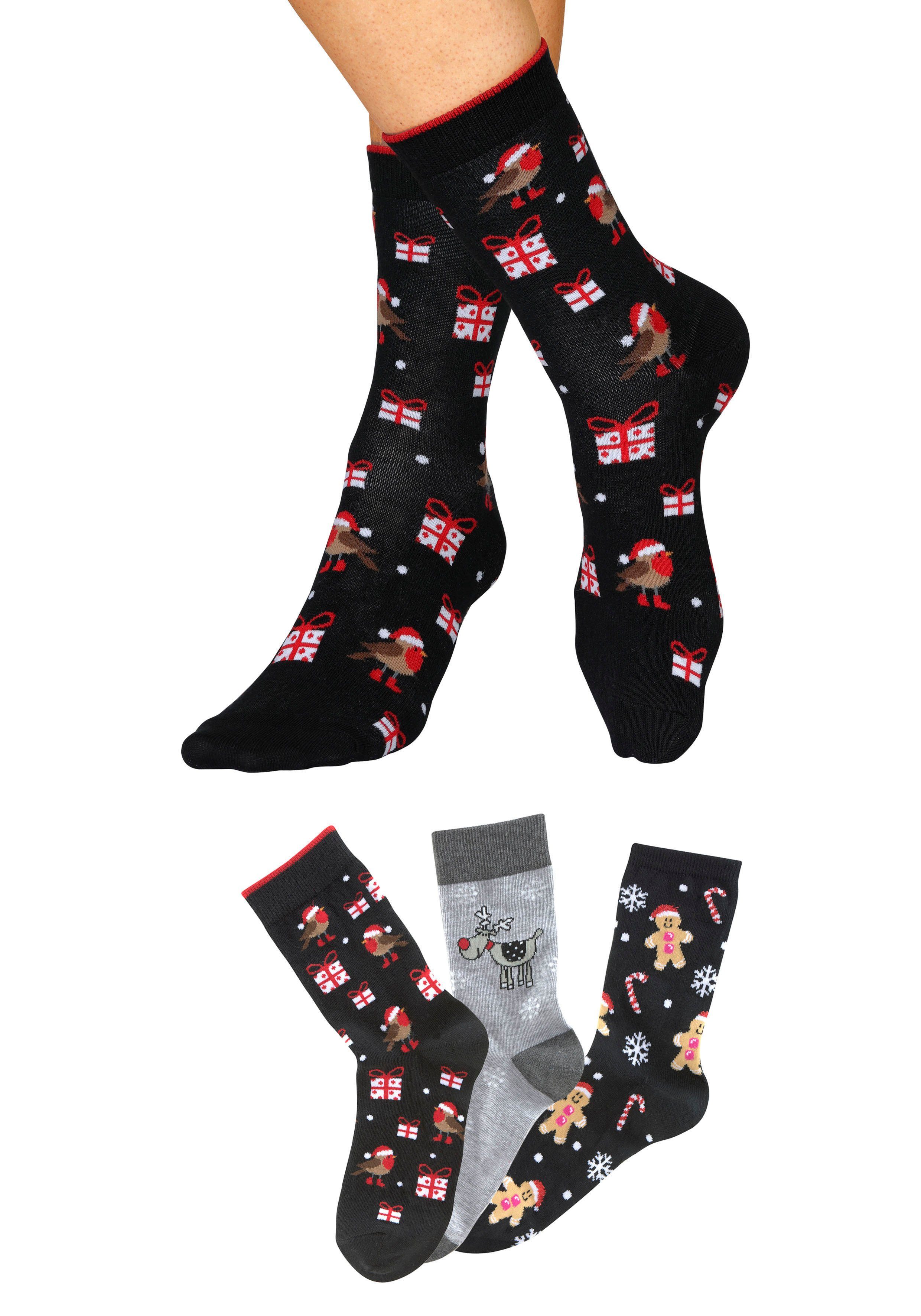 H.I.S Socken (Packung, 3-Paar) mit lustigen Weihnachtsmotiven