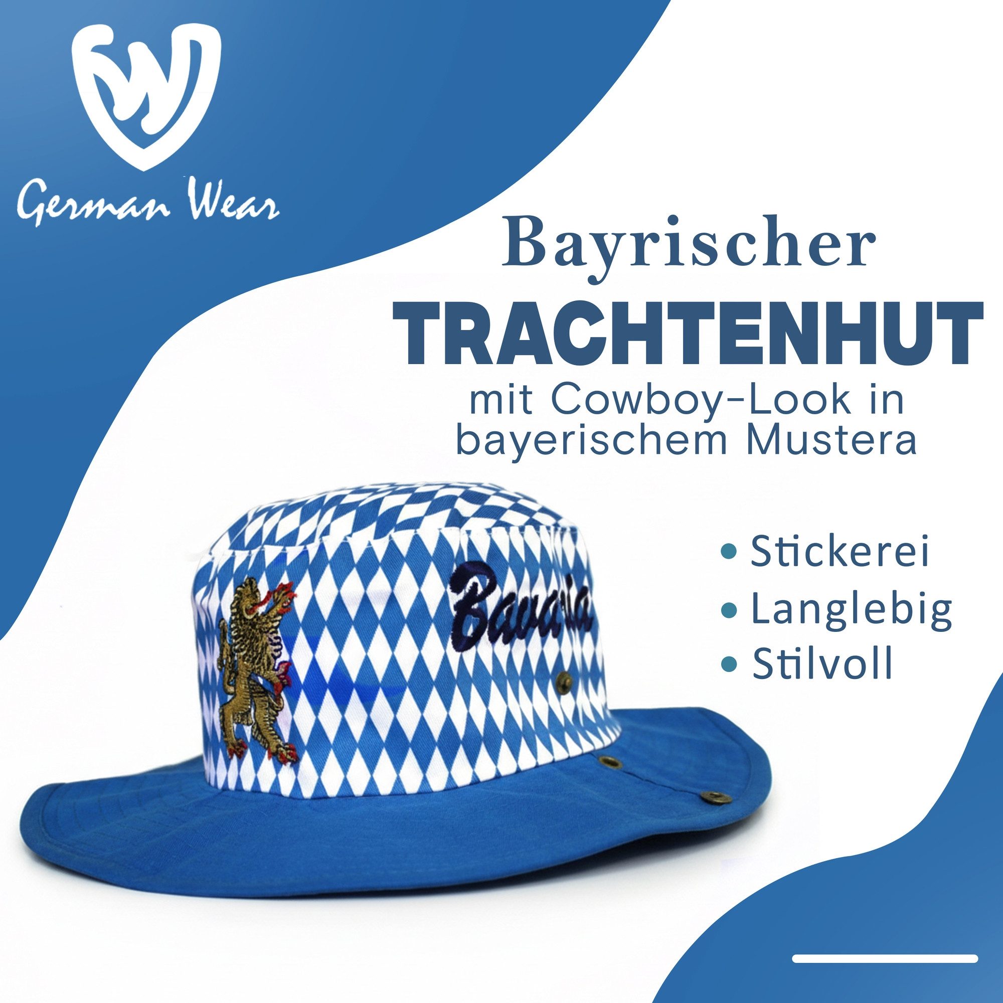 German Wear Trachtenhut HUT6-blau Trachtenhut mit Cowboy-Optik in bayrischem Muster