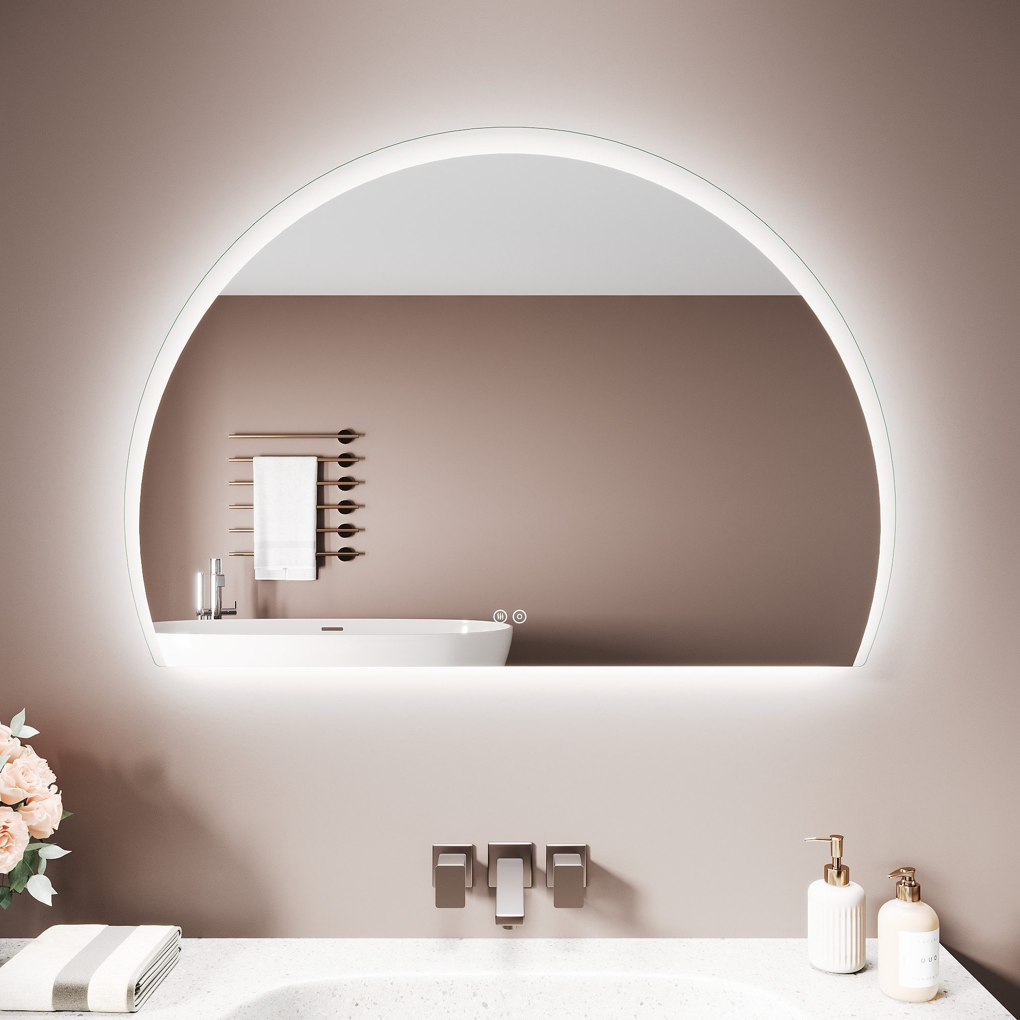SONNI Badspiegel LED Halbrund Spiegel mit Beleuchtung 100 x 70 cm, mit Touch-Schalter, 3 Dimmbare Lichtfarben, Anti-Beschlag
