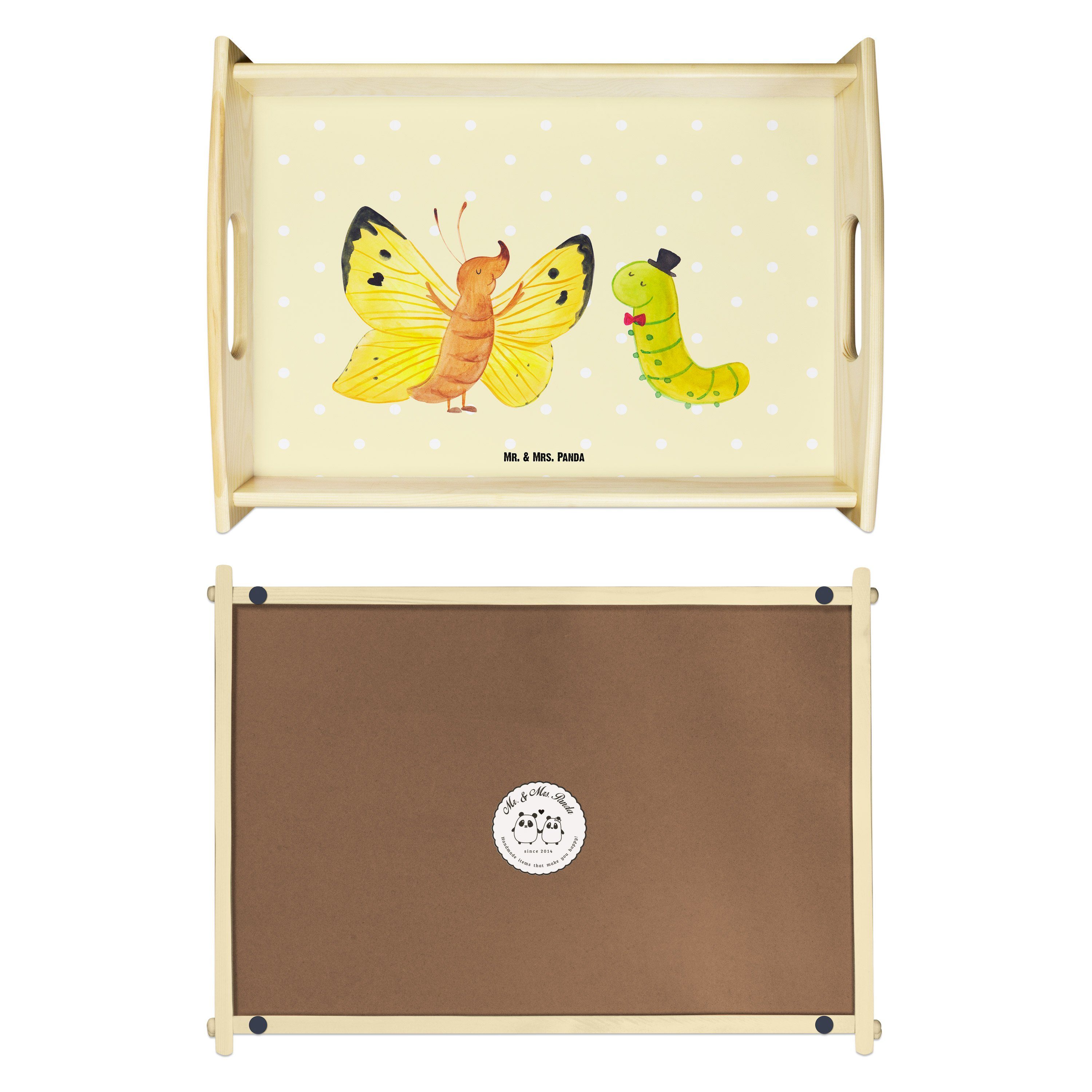 Mr. & Mrs. Panda Tablett Raupe Schmetterling Gelb Küchentablett, - Geschenk, Echtholz Pastell (1-tlg) - lasiert, & Tiere