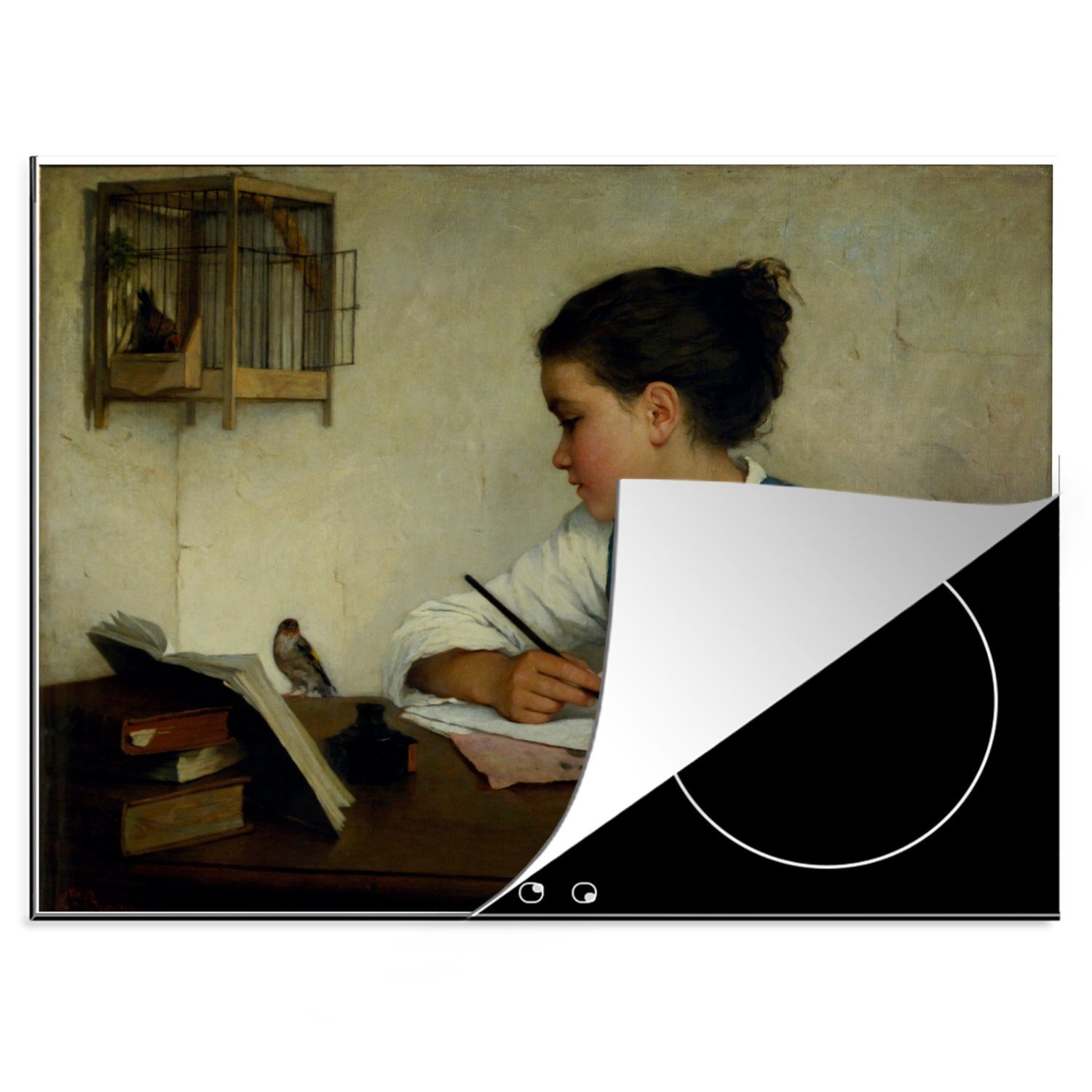 MuchoWow Herdblende-/Abdeckplatte Ein Mädchen schreibt dem Stieglitz - Gemälde von Henriette Browne, Vinyl, (1 tlg), 70x52 cm, Mobile Arbeitsfläche nutzbar, Ceranfeldabdeckung