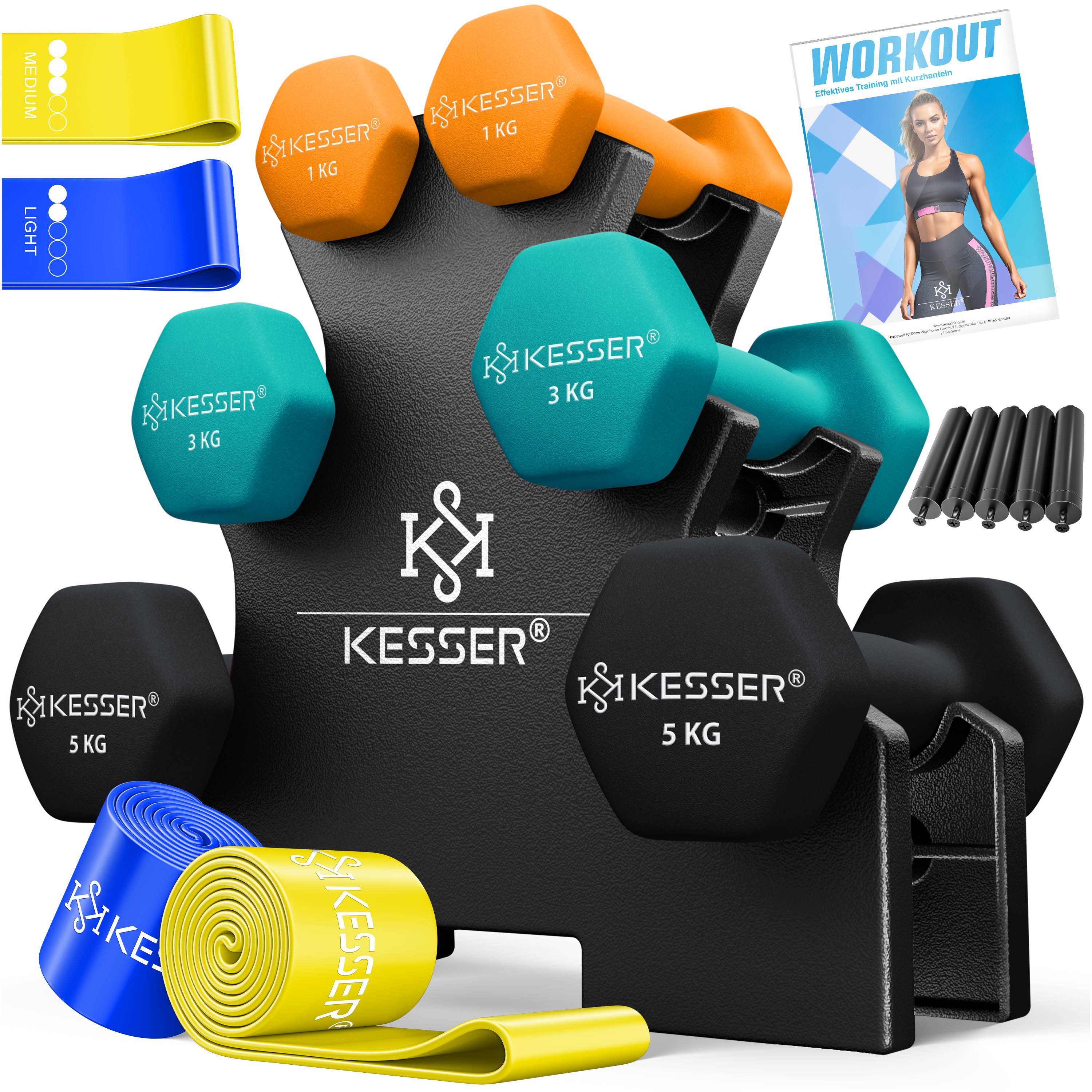 KESSER Hantel-Set, (18 kg Set 2 x (1+3+5)kg), Kurzhantel Gymnastikhanteln mit Ständer Aufbewahrung