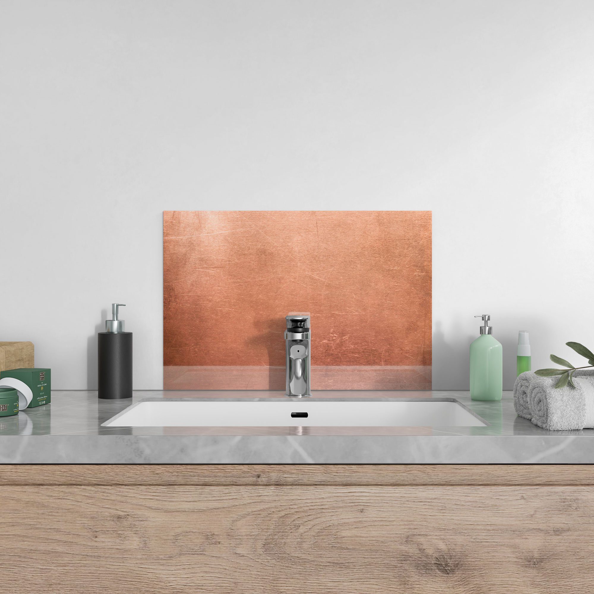 Kratzern', Glas Herdblende mit Spritzschutz Küchenrückwand Badrückwand DEQORI 'Kupferplatte