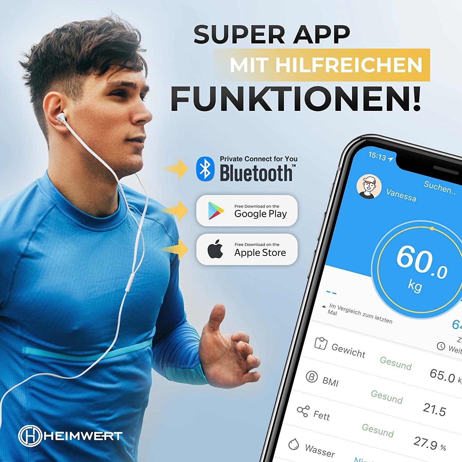 HEIMWERT Körper-Analyse-Waage Personenwaage Körperfett digital, wiederaufladbarer USB Akku, Testsieger Design Waage mit Bluetooth APP – Bild 5 von 5