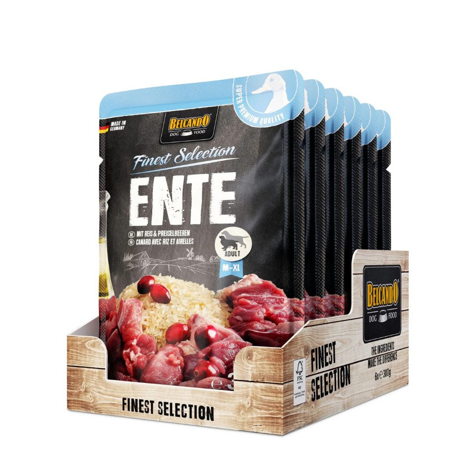 Belcando Ente mit Reis & Preiselbeeren - Premium Nassfutter in Frischebeuteln 6x300g, Nassfutter für: Hunde