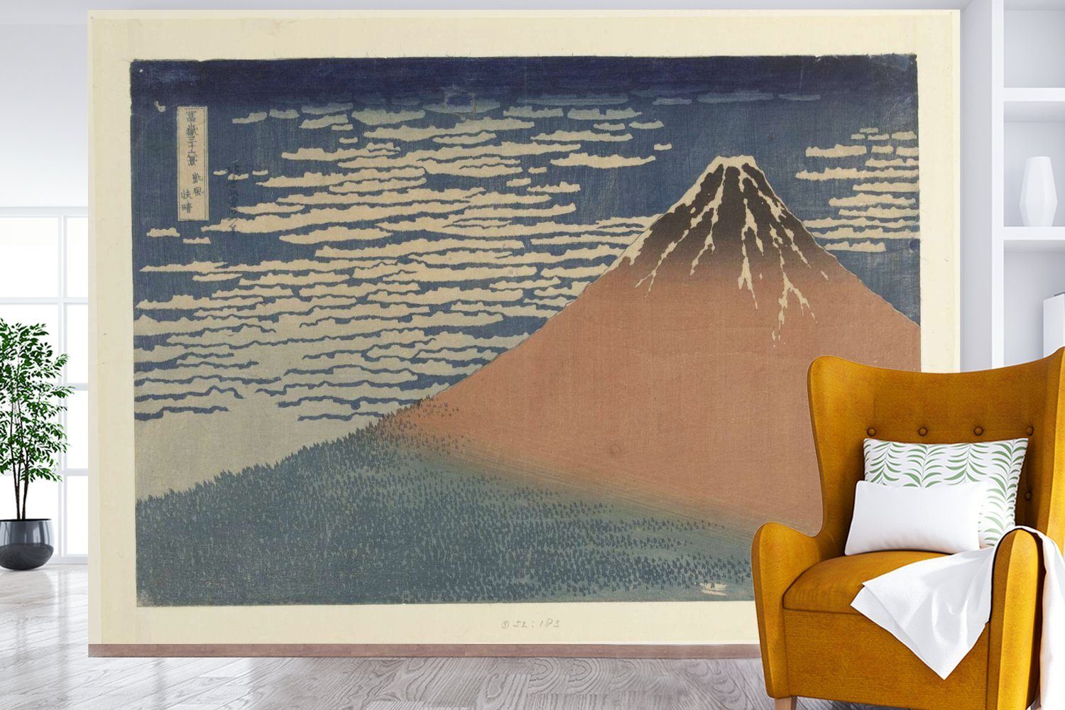 Hokusai, Fototapete für Katsushika bedruckt, - Vinyl und Tapete St), Wohnzimmer, Südwind Wetter Montagefertig ein Gemälde (6 Matt, von Klares Wandtapete MuchoWow