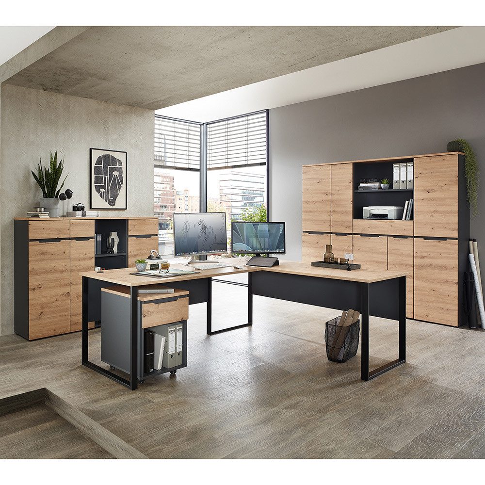 Lomadox Büromöbel-Set MANRESA-36, (Spar-Set, 8-tlg., 8-tlg), mit Winkelschreibtisch, graphit mit Eiche