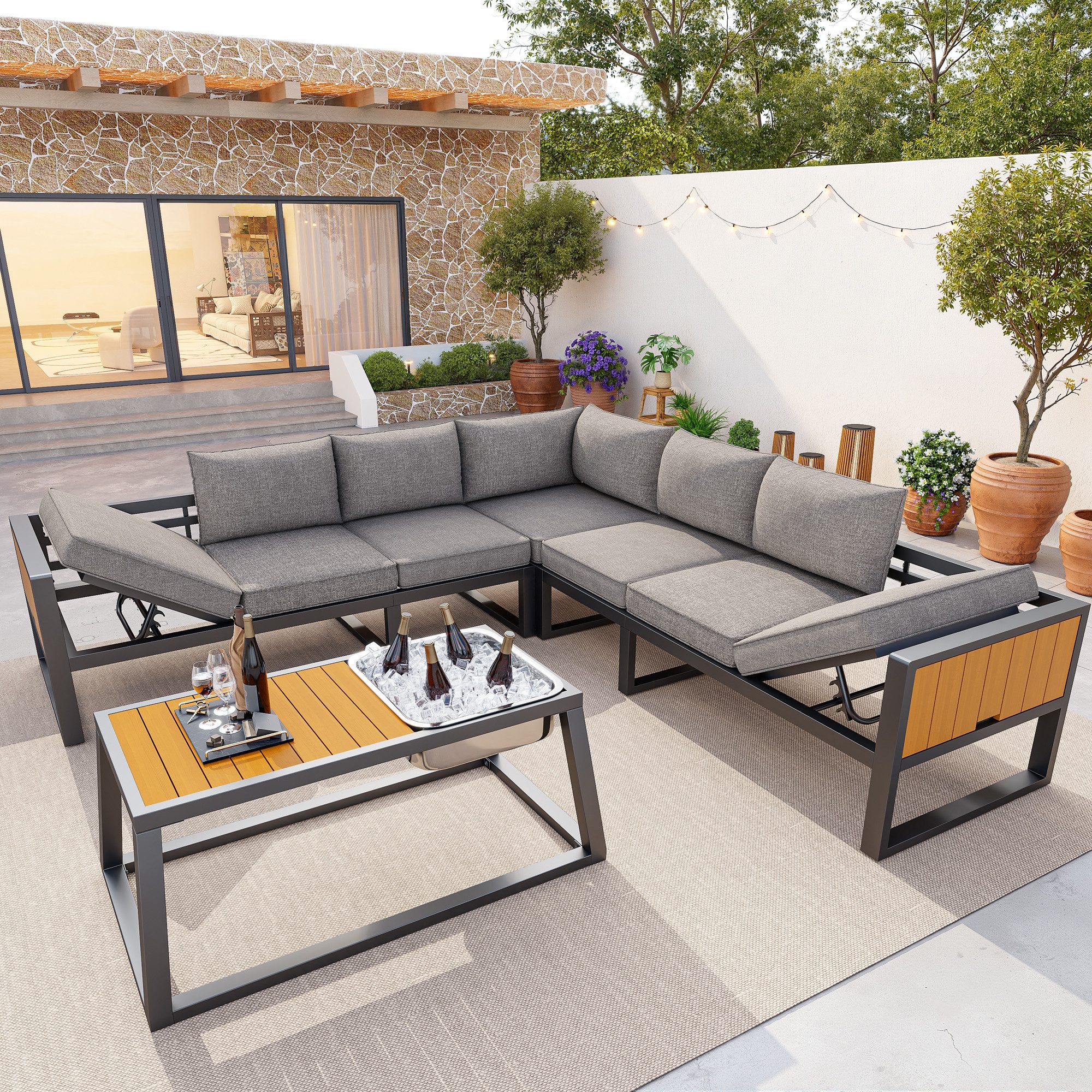 Merax Gartenlounge-Set mit 3-stufig verstellbarer Rückenlehne & ausklappbaren Armlehnen, (4-tlg., Terrassenmöbel aus Metall und Kunstholz), 7-Sitzer Gartenmöbel Sitzgruppe mit Sofa, Ecksofa & Couchtisch