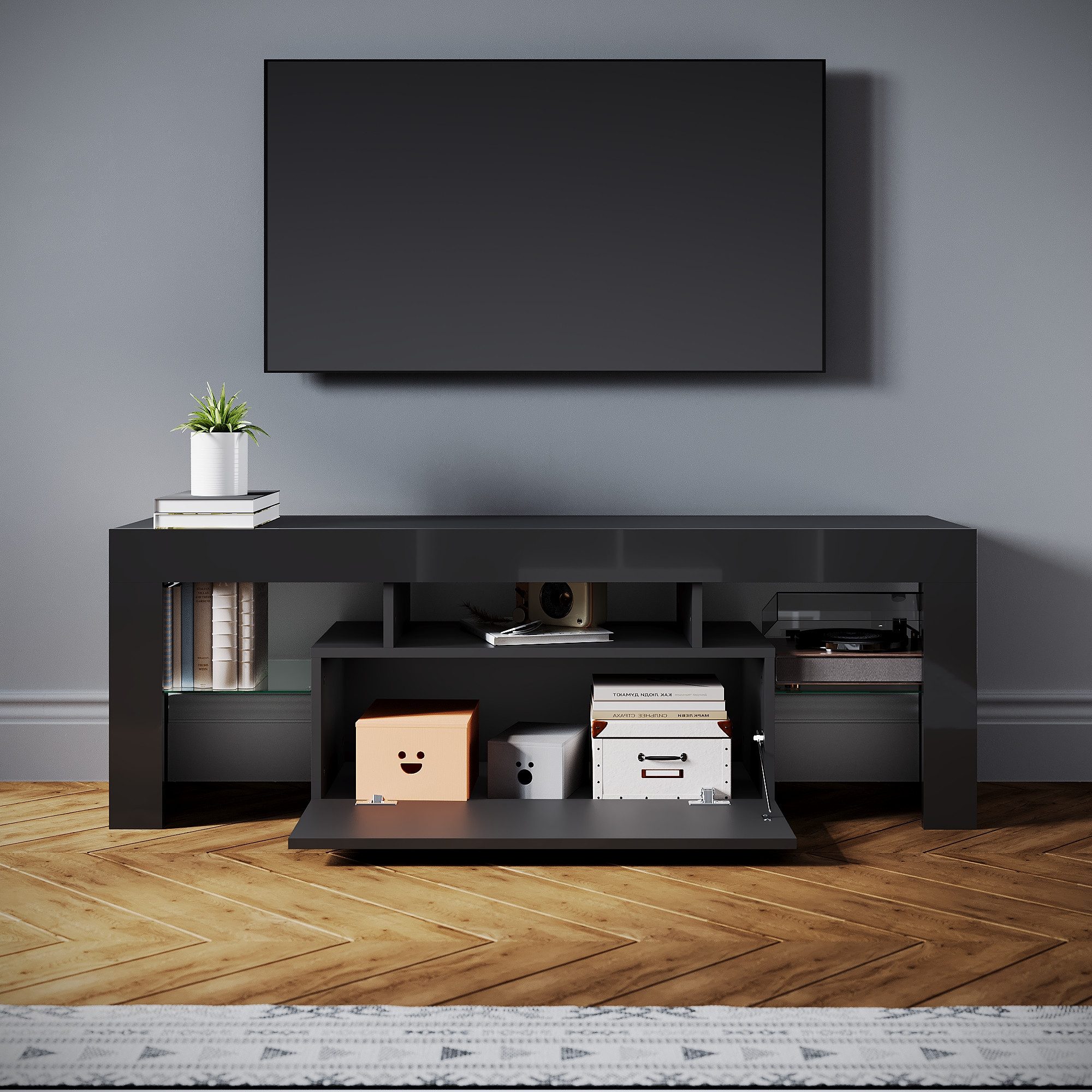 SONNI Lowboard Lowboard 160 cm Breite, Modern in Weiß & Schwarz, LED-Lichte günstig online kaufen