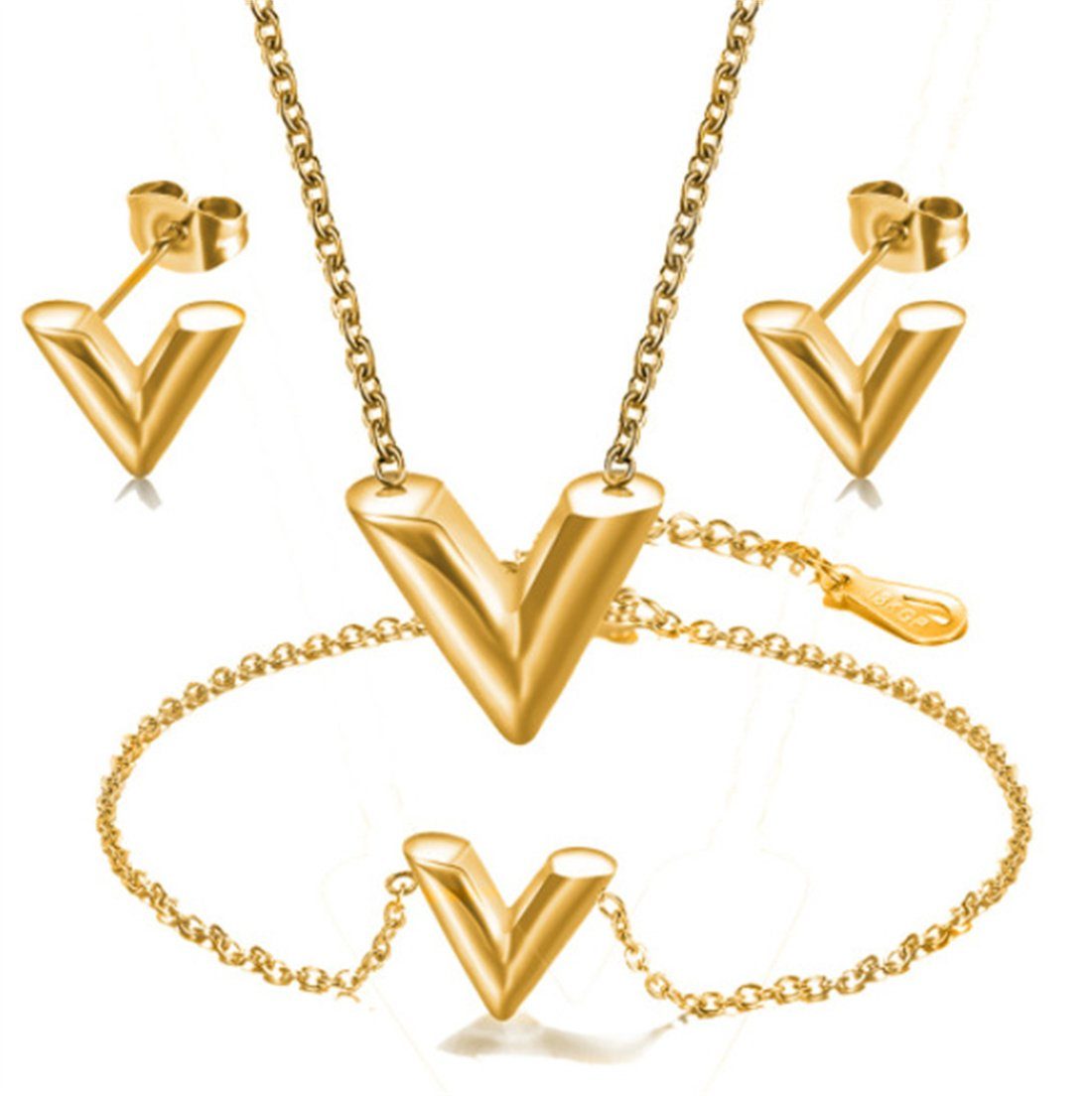 DÖRÖY Schmuckset Women's Gold V Halskette Ohrringe Armband Set von 3, Schmuck-Set