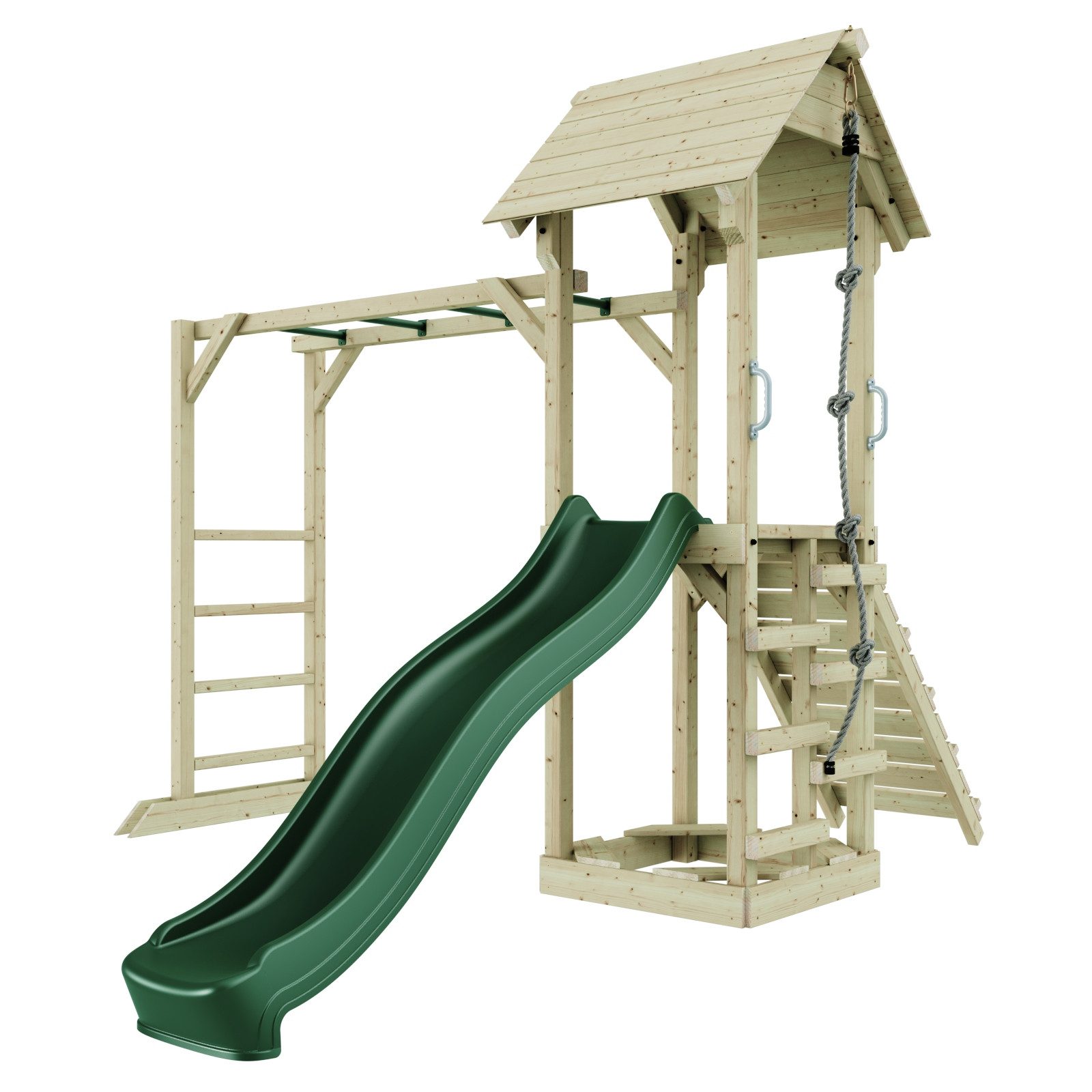 OutdoorToys Spielturm Lund aus Holz in Dunkelgrün mit Rutsche, aus Holz in Dunkelgrün mit Rutsche