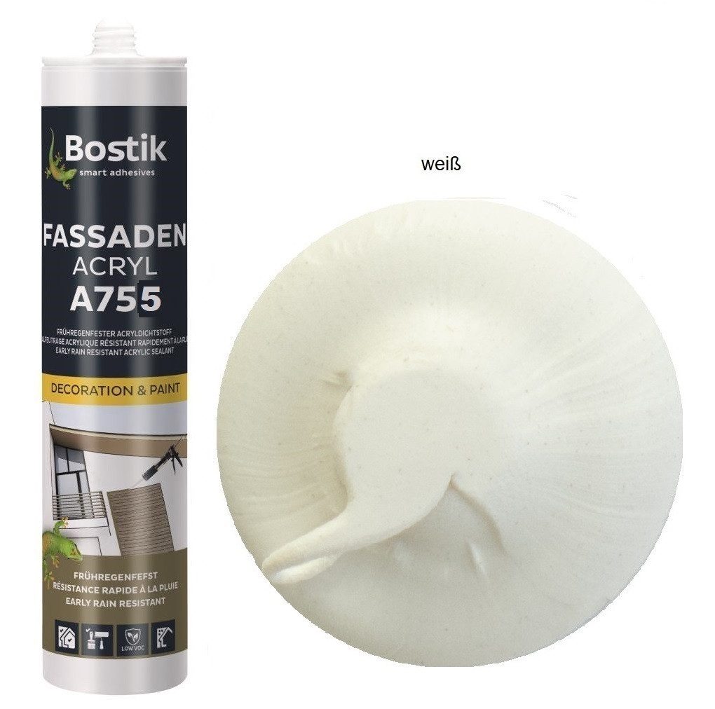 BOSTIK Dichtstoff Bostik A755 Fassaden Acryl weiß 1K Acryl Dichtstoff 300ml Kartusche, gebrauchsfertig, innen und außen, frühregenfest, überstreichbar