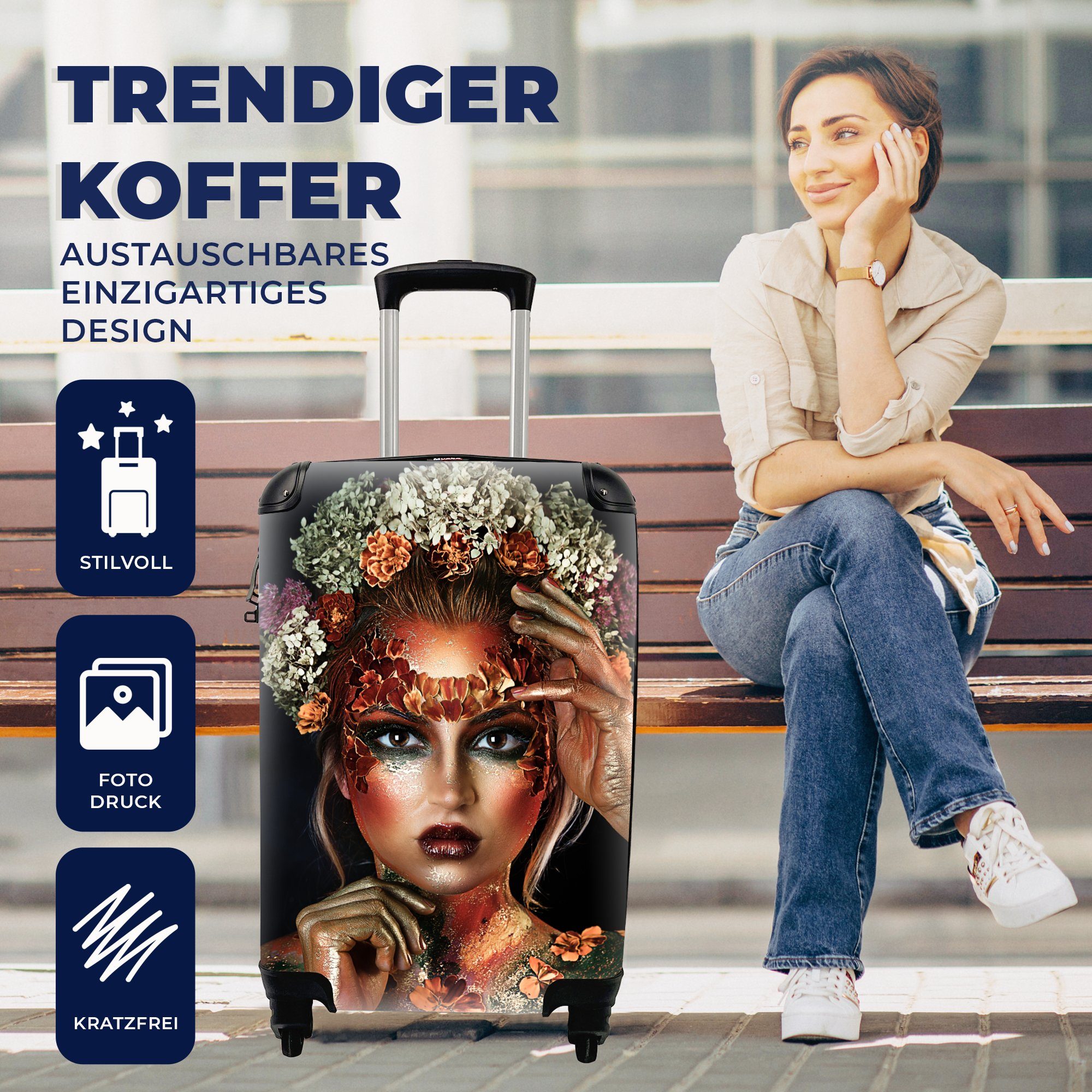 mit Frau - Reisekoffer Ferien, MuchoWow Handgepäckkoffer Blumen - Trolley, Handgepäck 4 für Rollen, Reisetasche rollen, Krone,