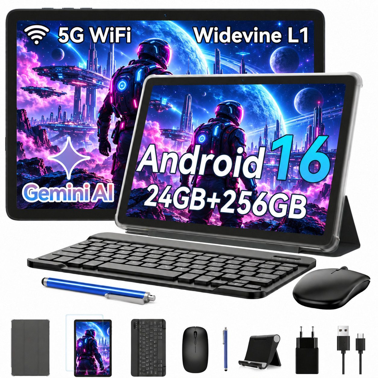 VekfulPC 10" Android 16 256GB mit Zubehör Tablet (10", 256 GB, Android 16, Android 16, mit Stift/Maus/Tastatur, Gemini Al)