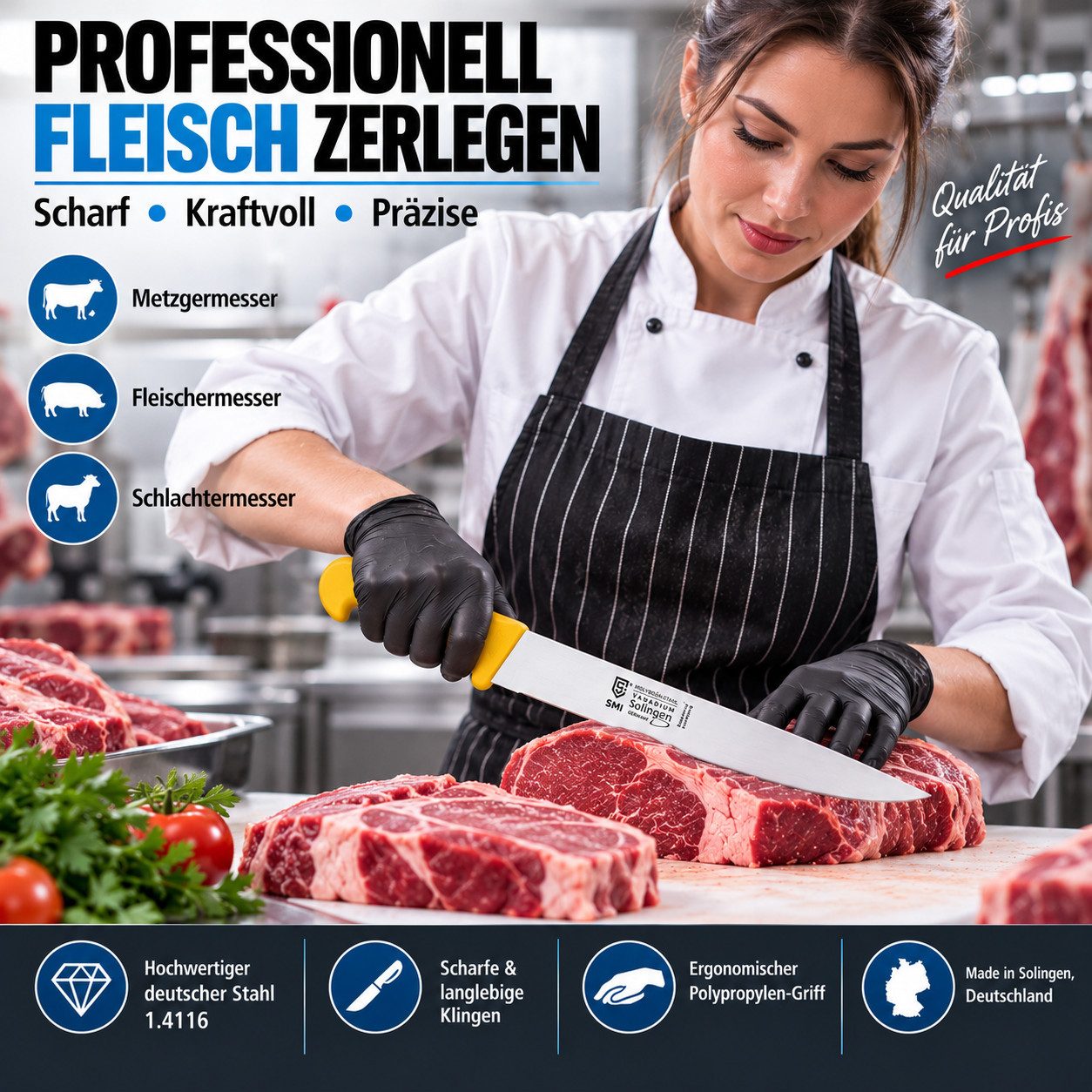 SMI Kochmesser 6-tlg Küchenmesser Set Solingen Metzgermesser Wetzstahl Ausbeinmesser – Bild 2 von 5