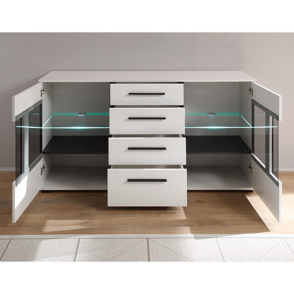 Lomadox Sideboard COLORADO-61, weiß Hochglanz und teilweise Glastüren Grauglas 150x86x42cm