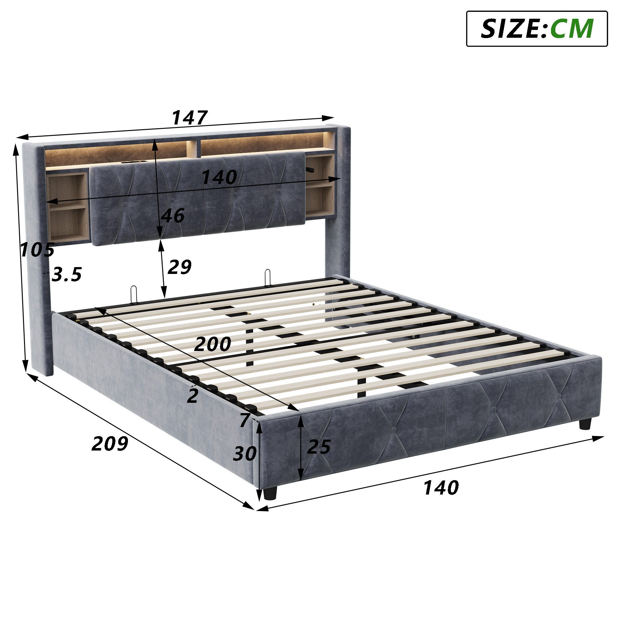Gdood Polsterbett Stauraumbett Doppelbett LED (1-tlg., Ausgestattet mit hydraulischem Bettkasten), Mit LED-Beleuchtung, Kopfteil mit Stauraum, Lattenrost, 140x200 cm