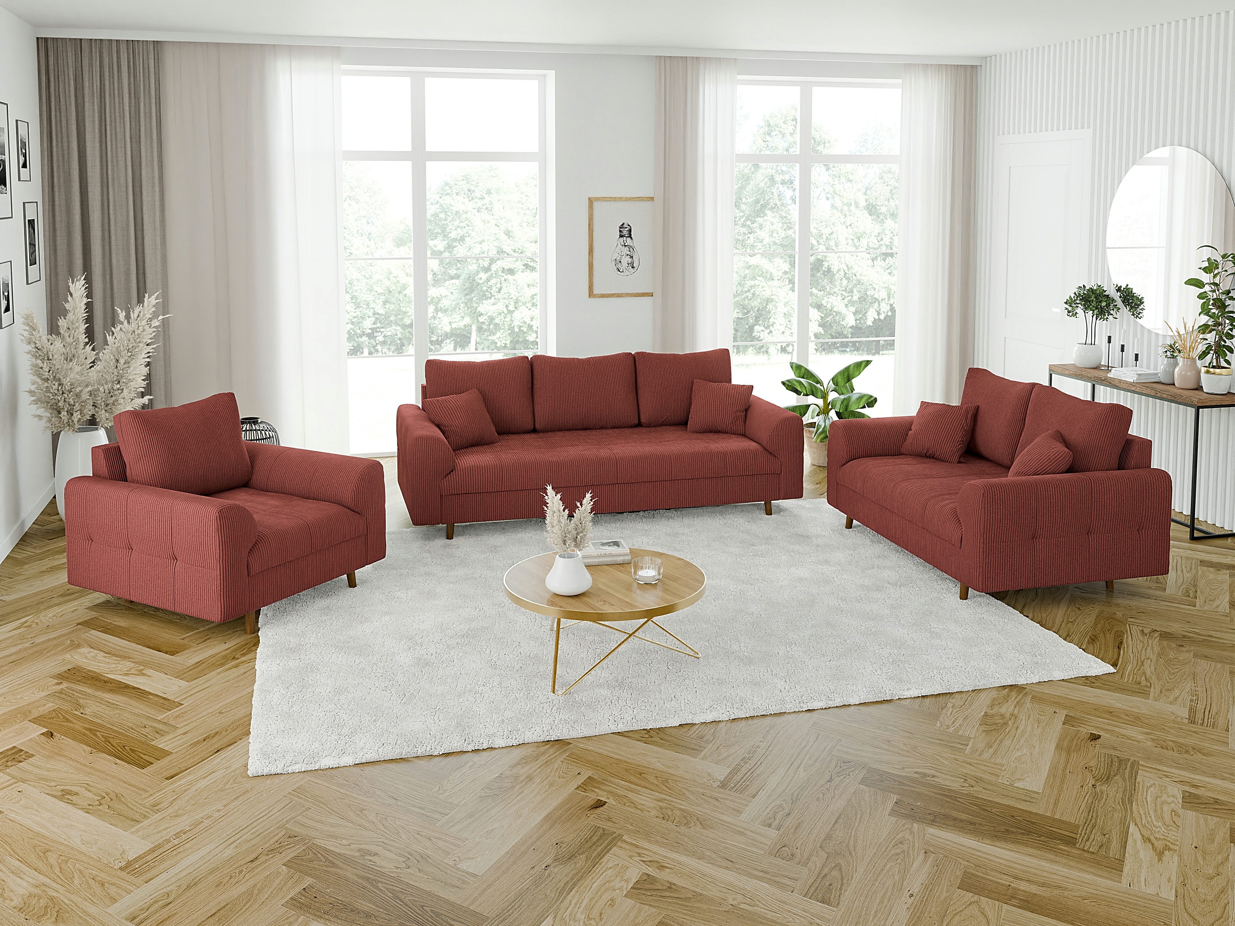 S-Style Möbel Polstergarnitur 3+2+1 Zara mit Braun Holzfüßen im skandinavischen Stil aus Cord-Stoff, (1x 3-Sitzer-Sofa, 1x 2-Sitzer-Sofa, 1x Sessel)