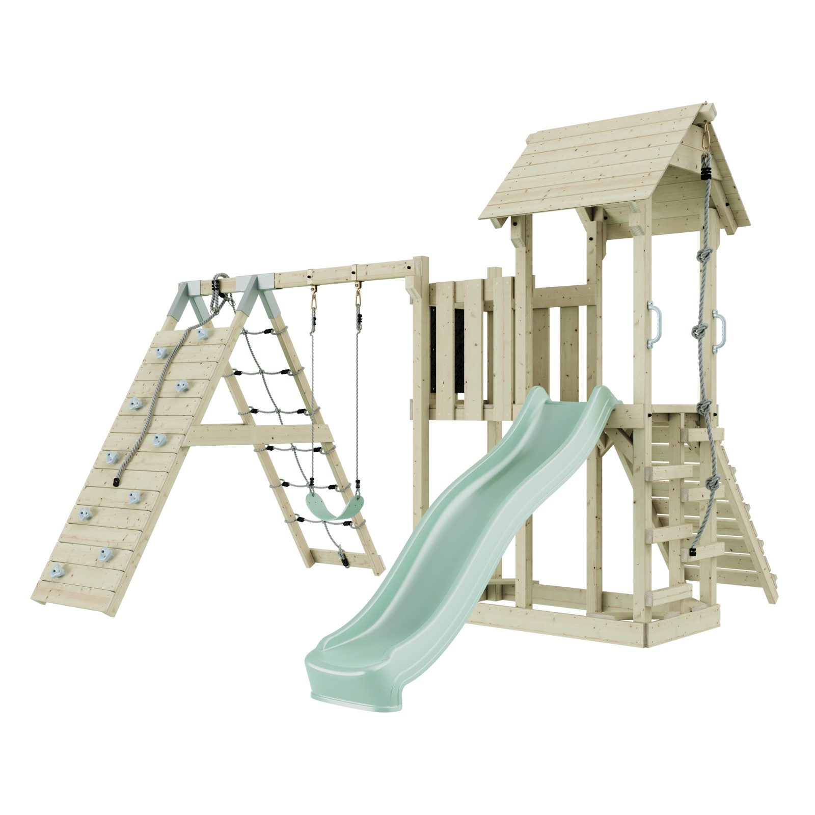 OutdoorToys Spielturm Farö, aus Holz in Mintgrün mit Kinderschaukel & Rutsche, Kletterwand