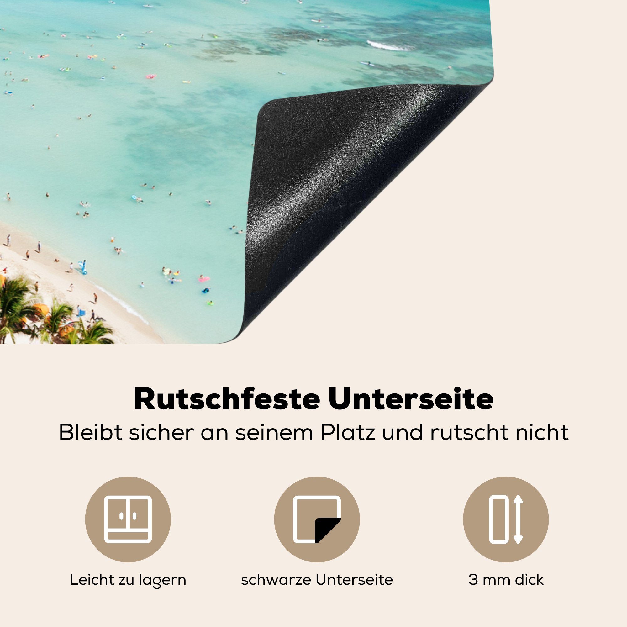 81x52 Schutz Vinyl, MuchoWow tlg), die Herdblende-/Abdeckplatte Beach der Hawaii, Küste Ceranfeldabdeckung küche, für Der (1 vor Waikiki Honolulu, von cm, Induktionskochfeld