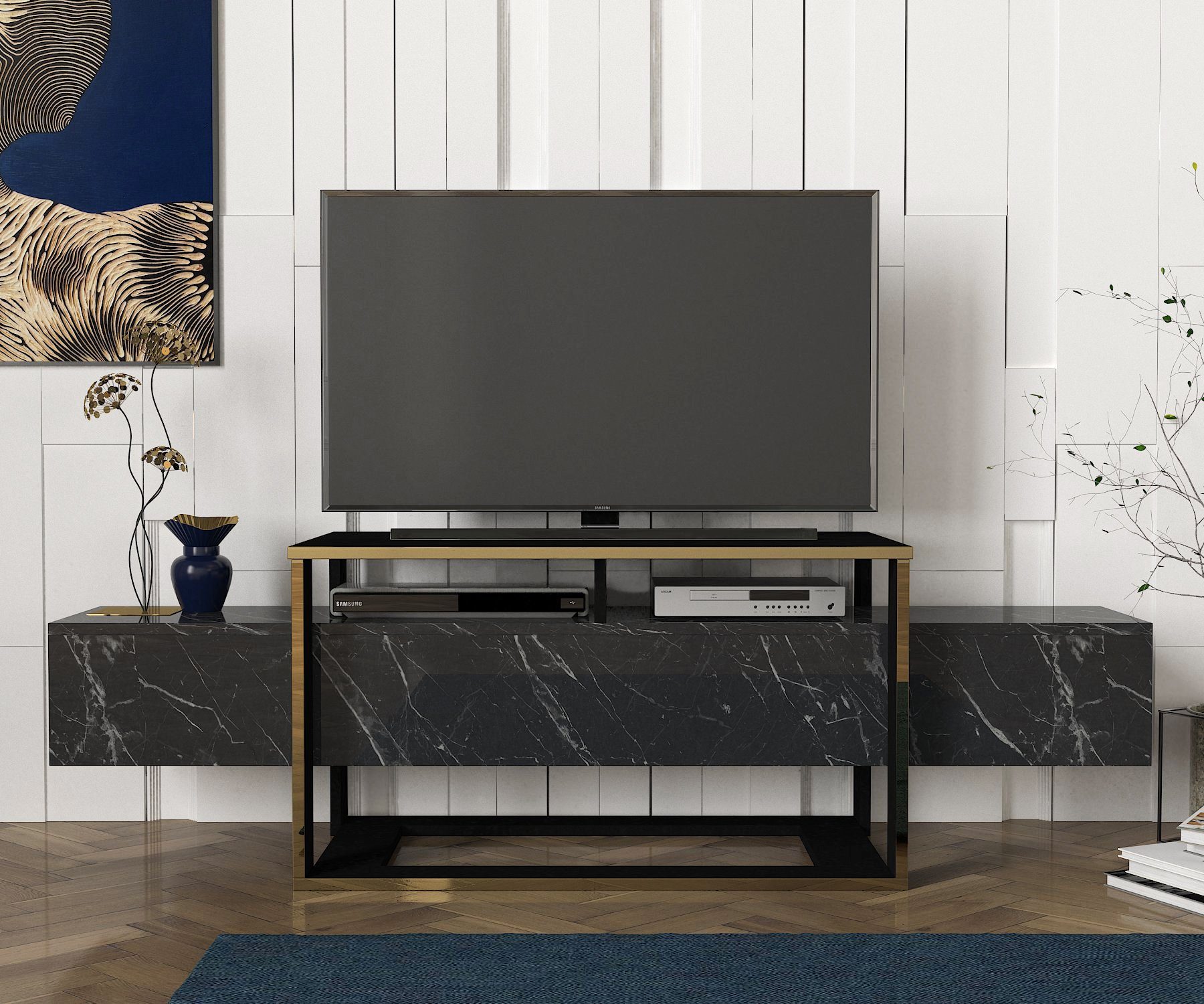 moebel17 TV-Regal Wohnwand Bianco Marmor Lowboard Optik TV modernes Optik, Marmor in