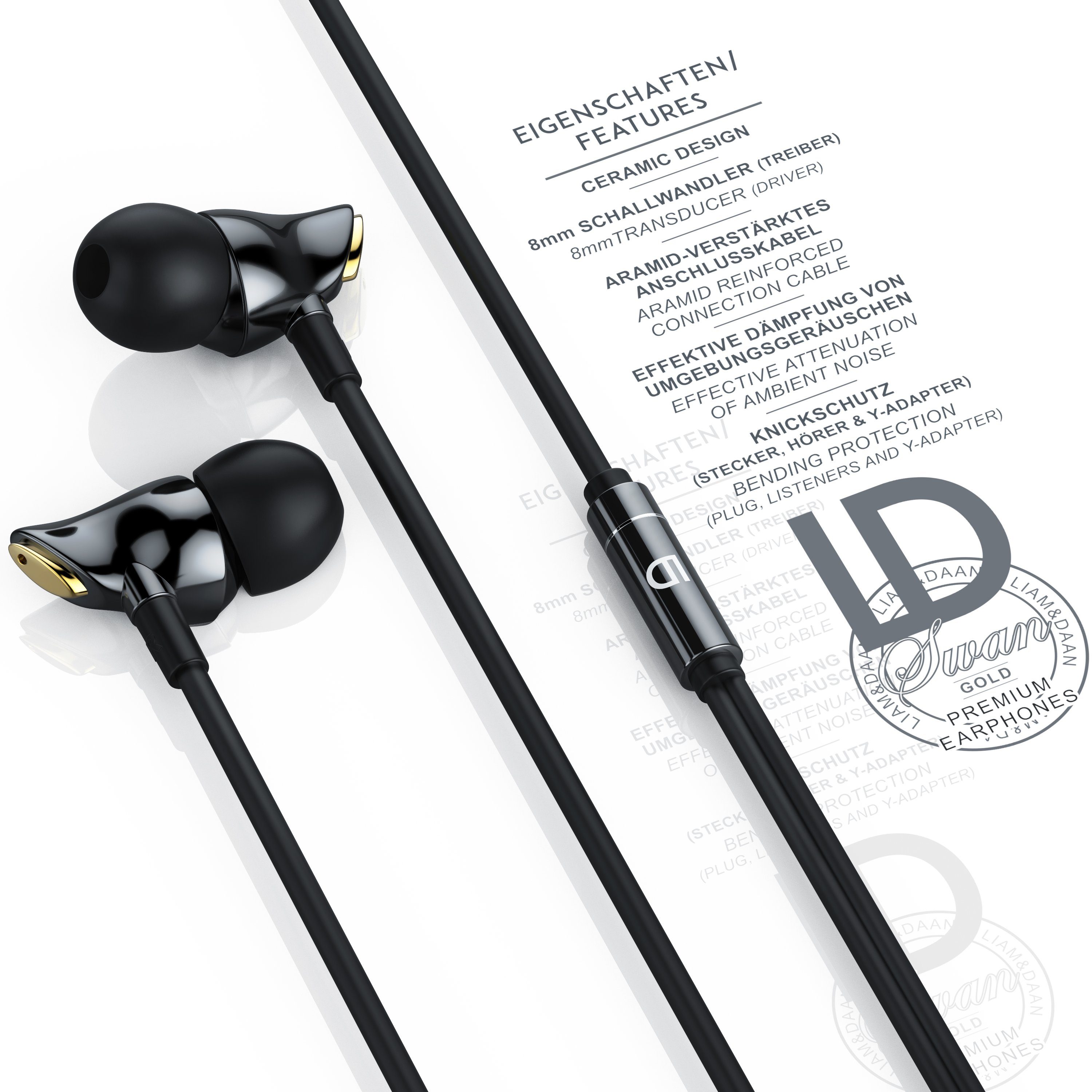 LIAM&DAAN High End Ceramic "Swan" 8mm Treiber, Aramid Kabel, Knickschutz In-Ear-Kopfhörer (3,5 mm Klinkenanschluss, verstärktes Kabel, Gold Edition)