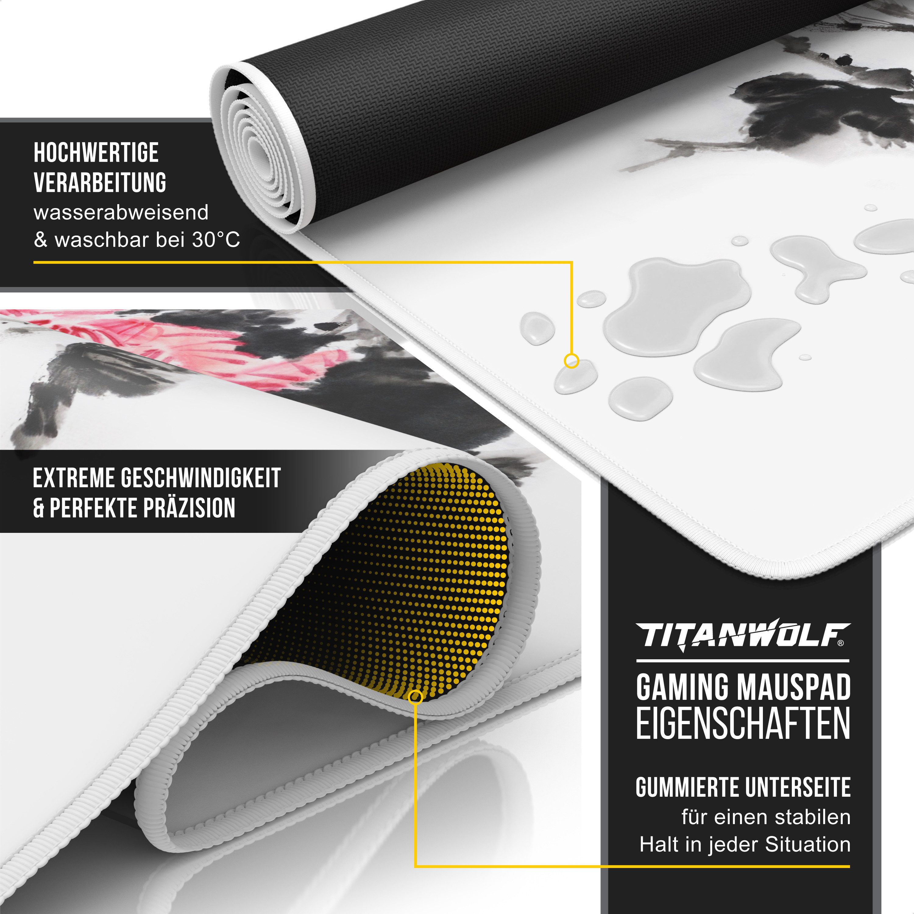 Titanwolf Gaming Mauspad XXL Speed Mousepad 900 x 400 x 3 mm, Schreibtischauflage, abwaschbar, rutschfeste Rückseite, Geschwindigkeit & Präzision, Sumi-e Flower