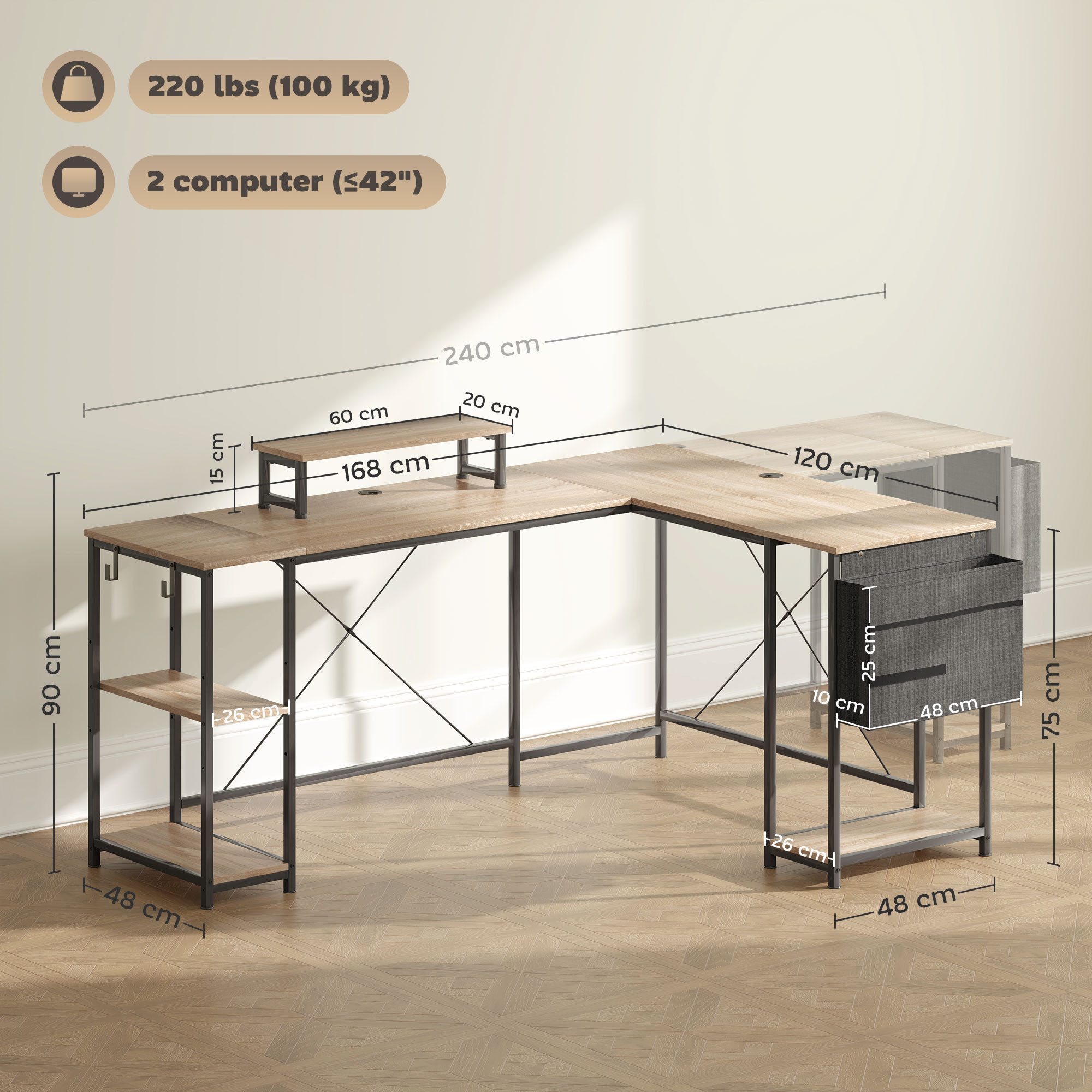 HOMCOM Schreibtisch umkehrbarer Gaming Tisch (Set, 1-St., 1 Tisch), L-förmig oder lang, Monitorständer, Kabelmanagement