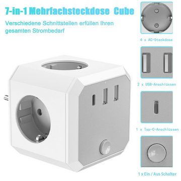 autolock 7 in1 Steckdosenwürfel,Mehrfachsteckdose Steckdosenadapter Mehrfachsteckdose, mit Schalter,4 Steckdosen,1C-Typ und 2 USB für Büro,Zuhause