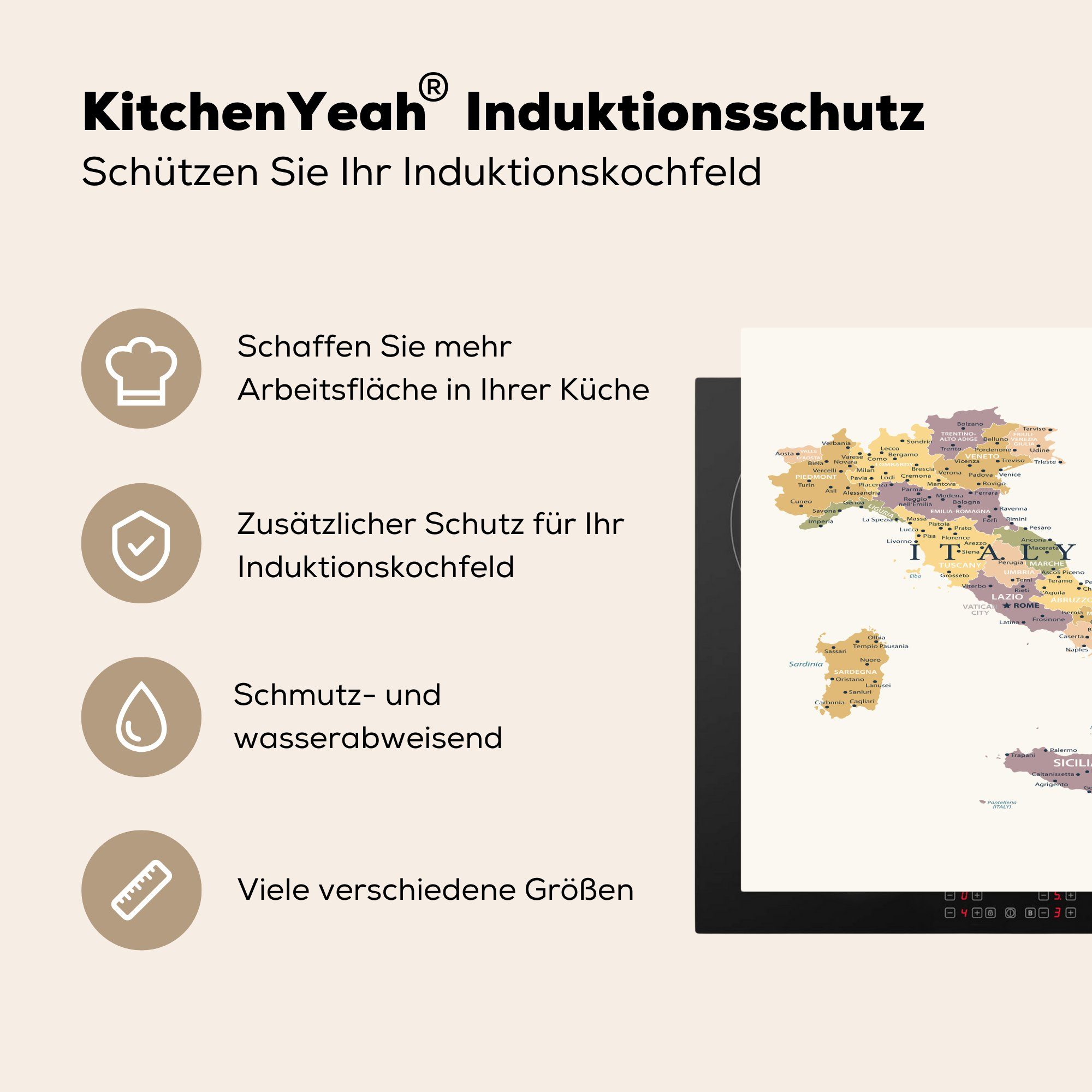 MuchoWow Herdblende-/Abdeckplatte Karte von (1 cm, für Ceranfeldabdeckung, 78x78 tlg), küche Arbeitsplatte Italien, Vinyl