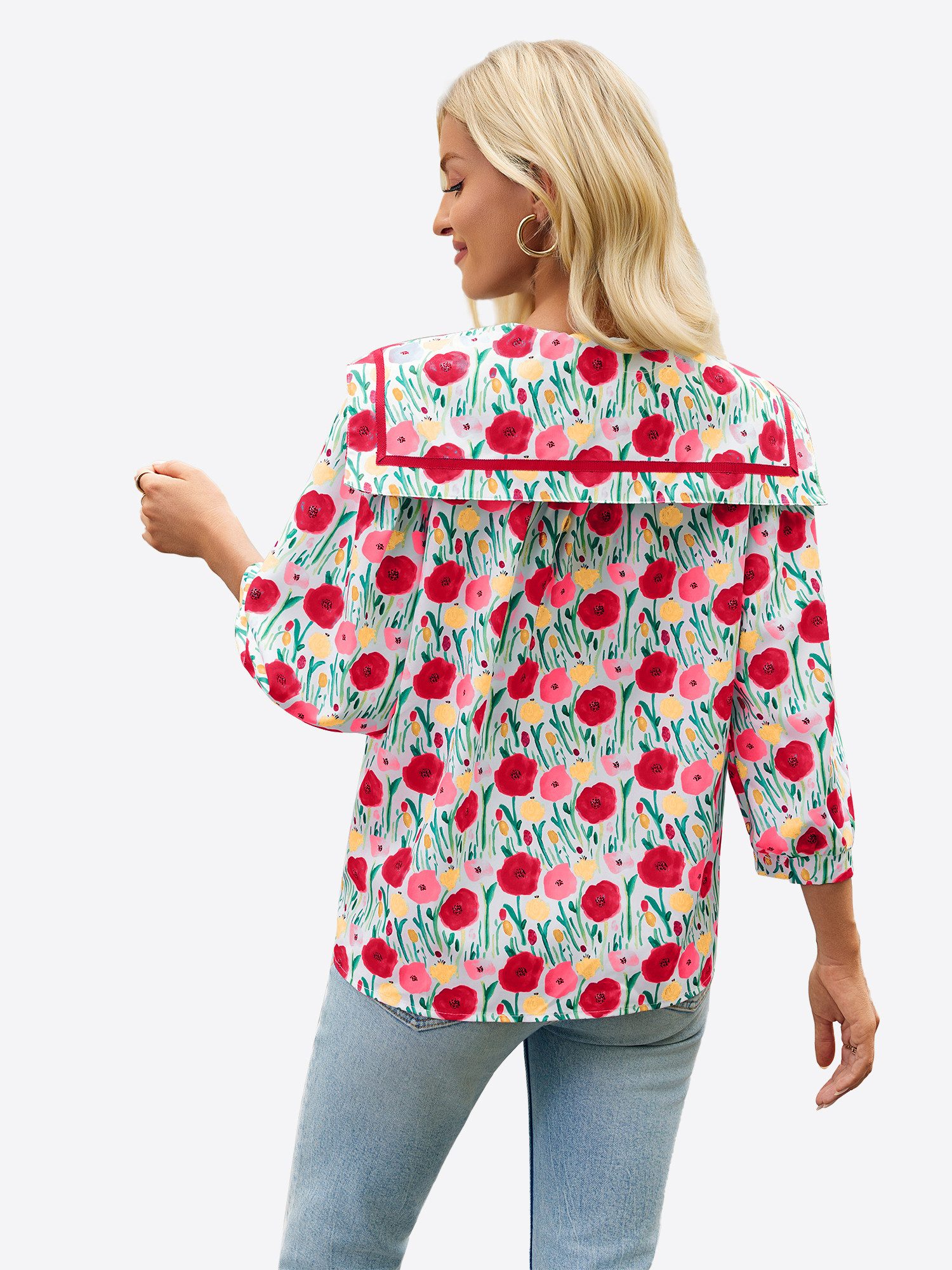 Imily Bela Druckbluse Damen mit Blumenmuster Knopfleiste 3/4-Puffärmeln qua günstig online kaufen