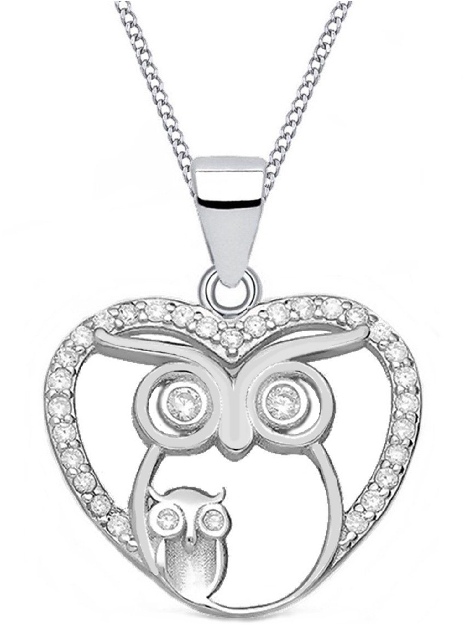 Kette mit Anhänger Eule Herz Halskette aus 925 Sterling Silber mit Zirkonia