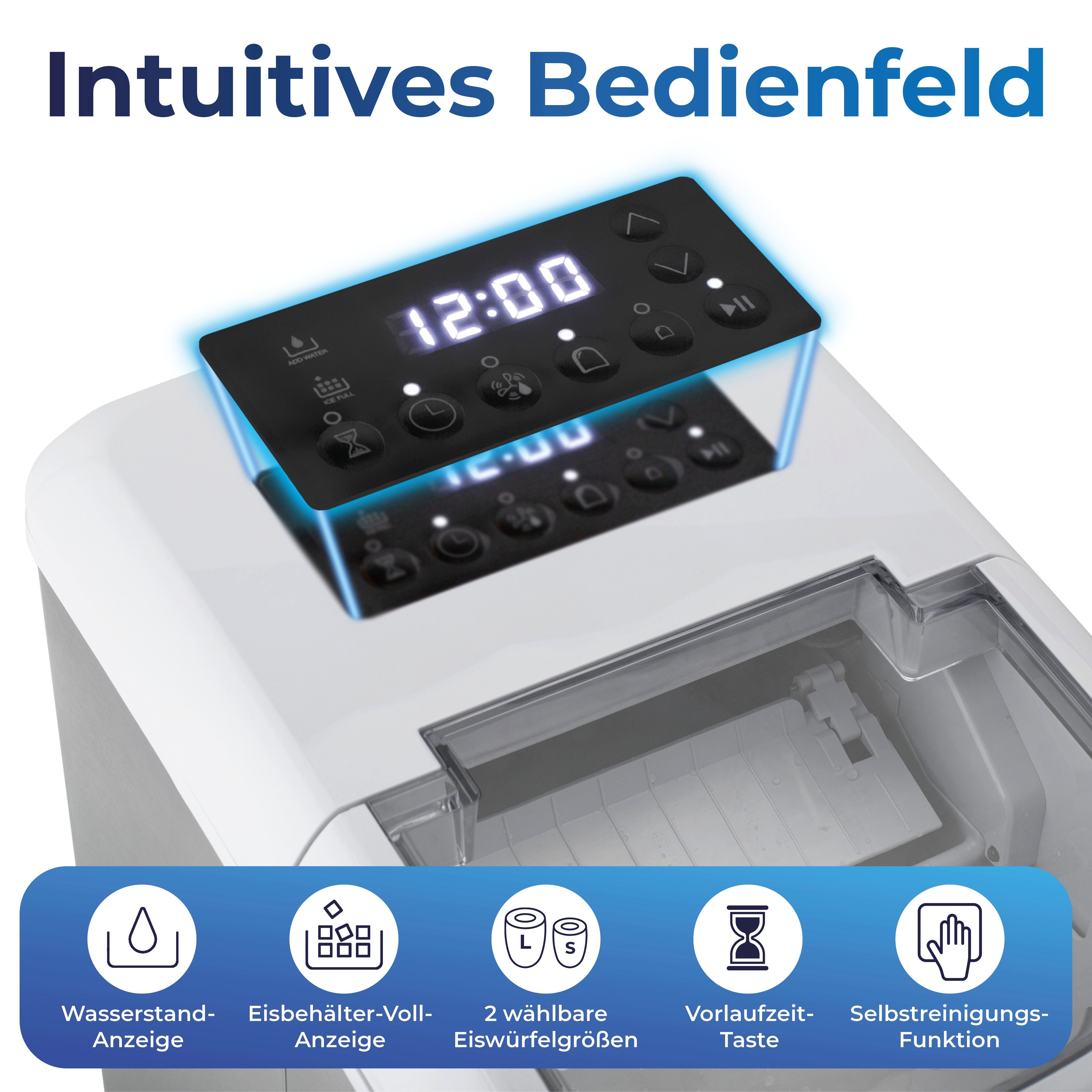 KLAMER Eiswürfelmaschine 15kg/24h, 10 Eiswürfel in 7–9 Min, 2,1L Wassertank, 120W Ice Maker, 2…, 120W, 2,1L Wassertank, Signallampe, Auto-Reinigung, mit Eisschaufel