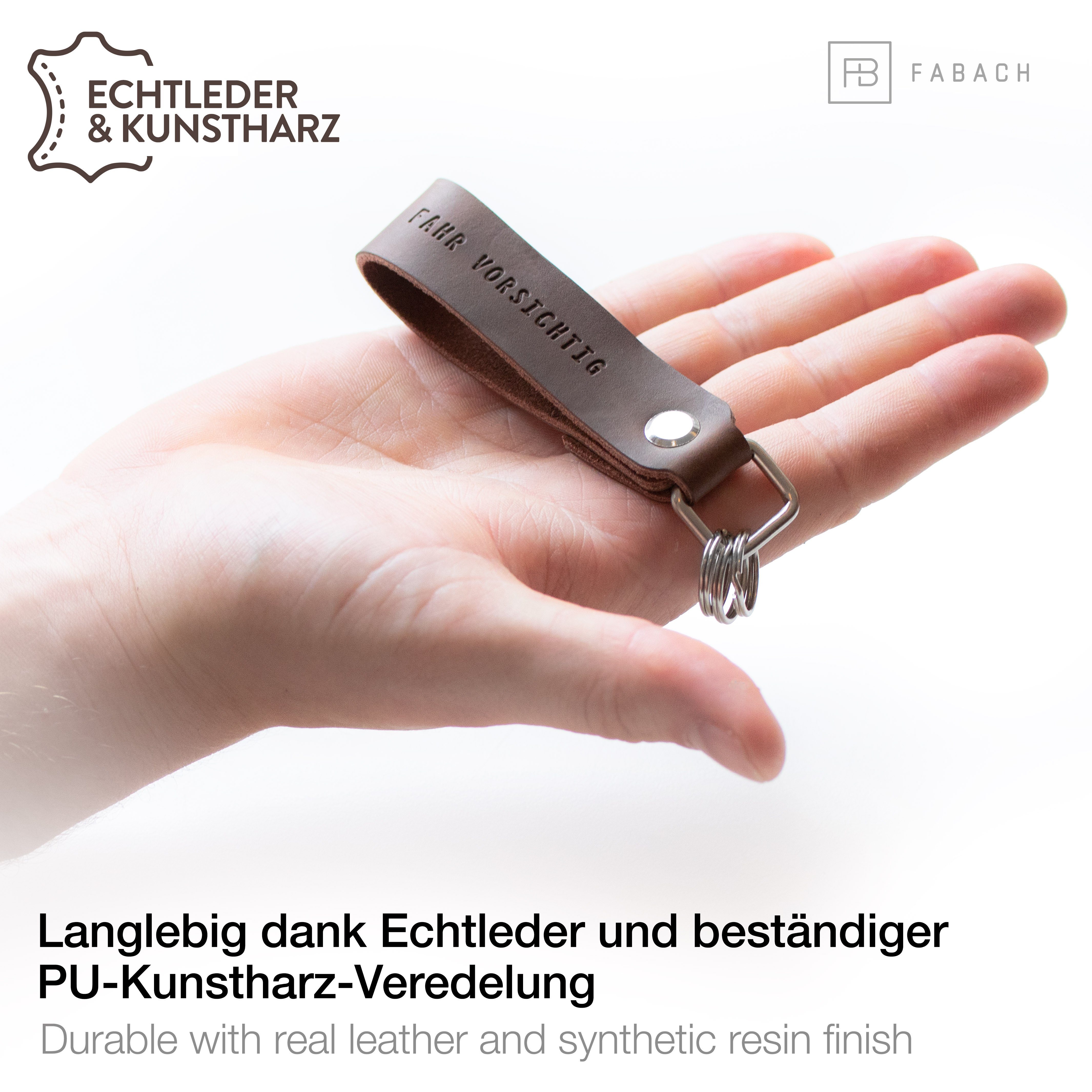 FABACH Schlüsselanhänger Leder Anhänger wechselbarer Schlüsselring - Braun Gravur "Fahr vorsichtig"