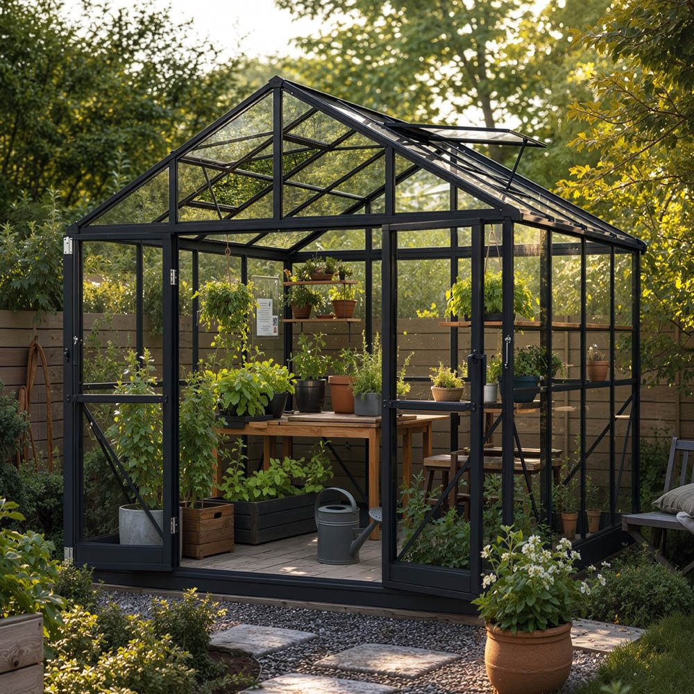 HOME DELUXE Gewächshaus inkl. Fundament ALBORA, BxTxH: 244 x 244 x 252 cm, 2 mm Wandstärke, Polycarbonatplatten, inkl. Regenrinnen mit Auslass & Dachlüftung